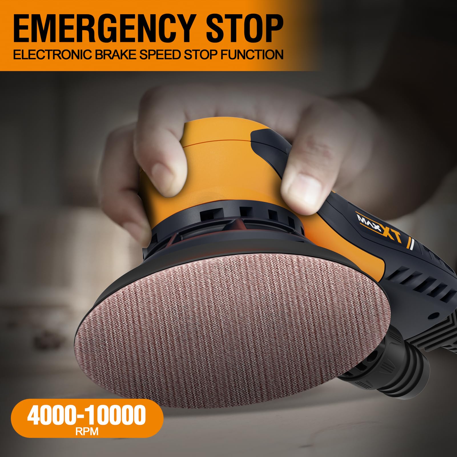 MAXXT Electric 5mm Random Orbital Sander with Brushless Motor - 5 & 6 Inch Sanding Pads, Central Vacuum System - Ideal for Woodworking, Primary Wood & Panel Processing (Orange) - Perfect for DIY Projects, Furniture Refinishing & Surface Preparation