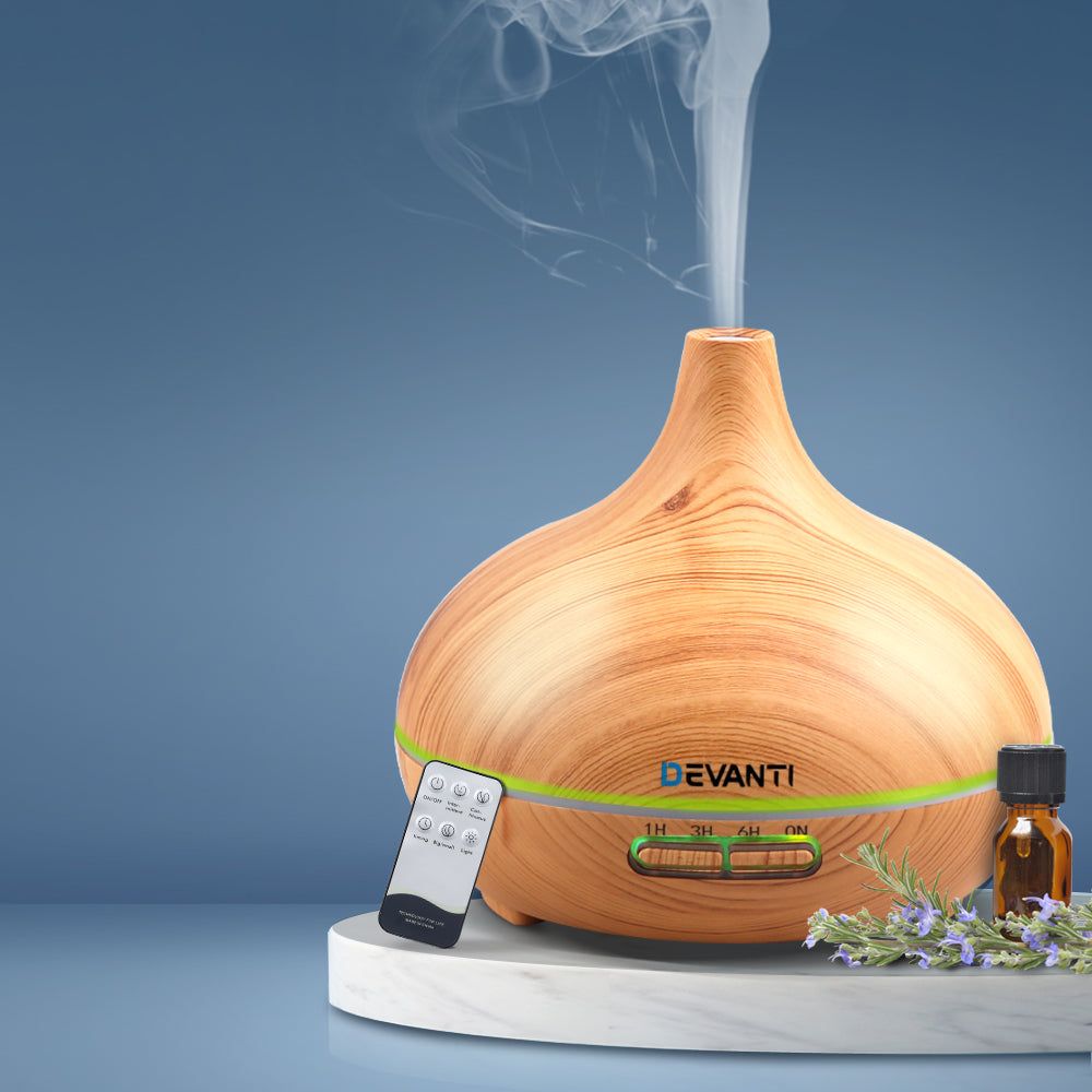 Devanti 300ml 4-in-1 Ultrasonic Aroma Diffuser with LED Light - Natural Wood Grain Finish | Perfect for Home, Office, Yoga & Spa Relaxation
