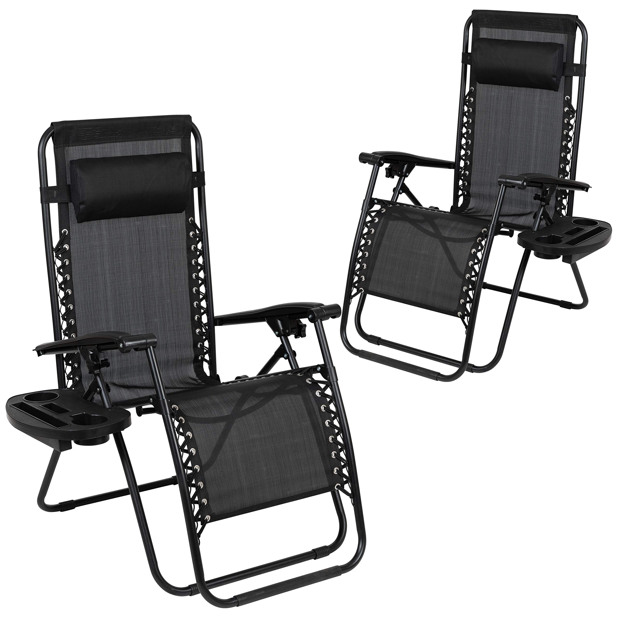 EMMA + OLIVER 2 Pack Adjustable Zero Gravity Lounge Chairs with Mesh Fabric & Cup Holder Tray - Outdoor Patio Furniture for Poolside, Beach, Garden Relaxation - Black