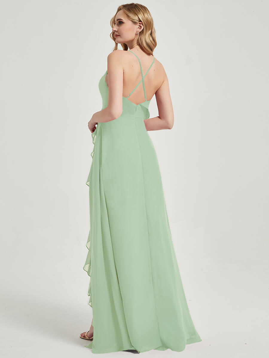 Elegant Sage Green Chiffon Maxi Bridesmaid Dress with Criss Cross Straps, Ruffles & High Slit - Perfect for Weddings, Formal Events & Evening Parties