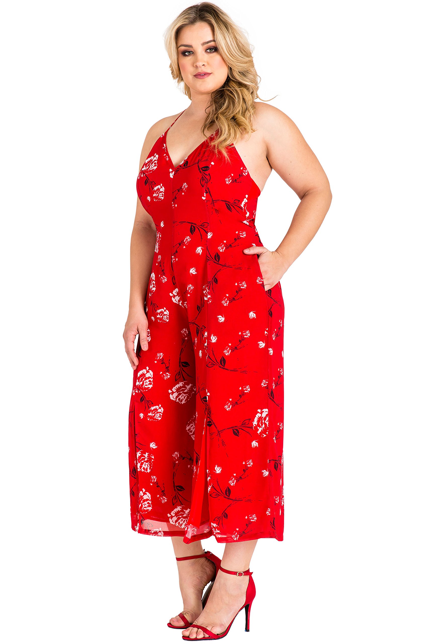 Plus Size Women's Red Floral Chiffon Slit Capri Jumpsuit - Flowy Summer Romper for Casual Wear, Beach Vacation & Date Night Outfits