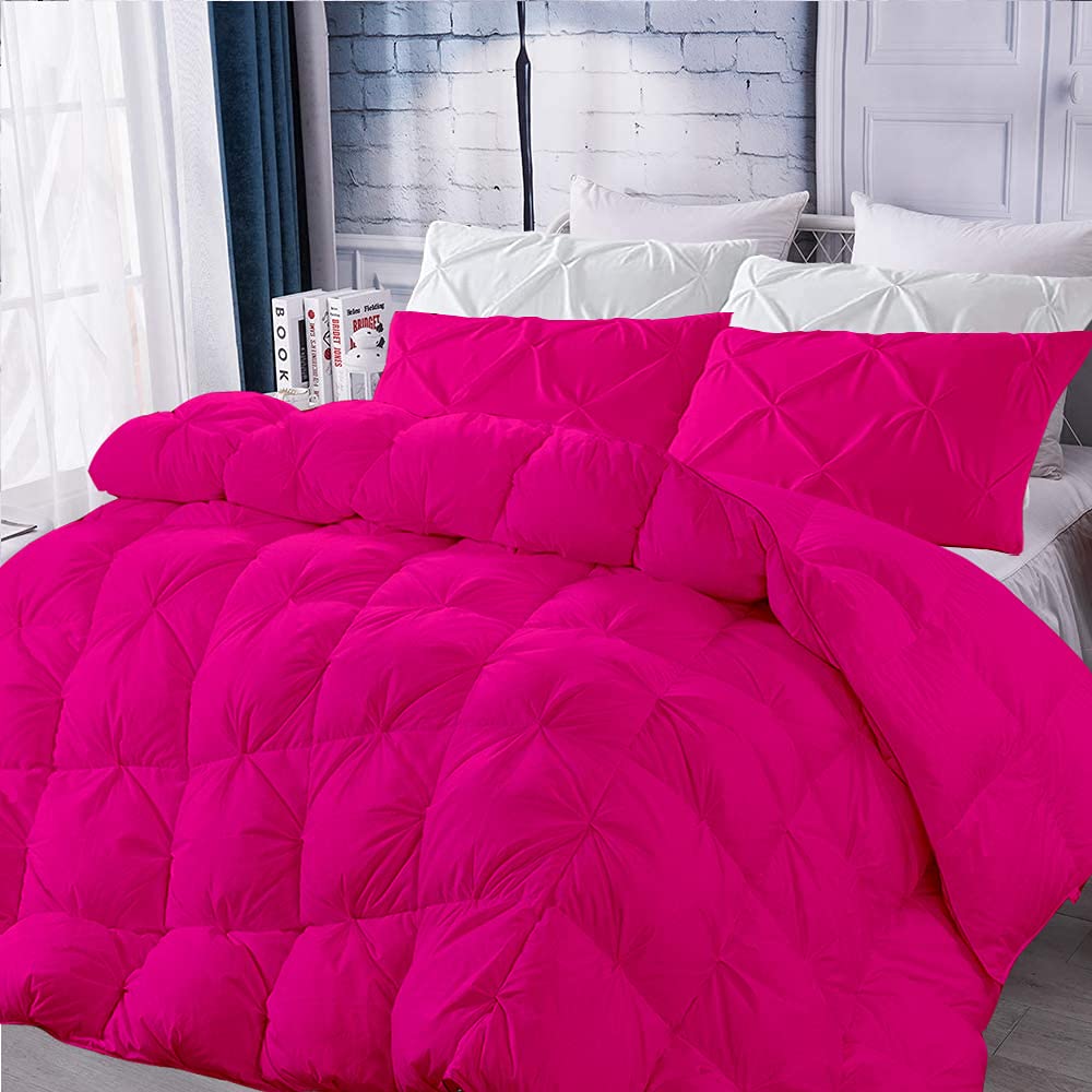 Khyati 1000 Thread Count Cotton Comforter Set - Hot Pink Solid Twin/Twin XL (68x90 Inches) - 3 Piece Quilted Pinch Pleated Bedding Set for Cozy Sleep | Perfect for Guest Rooms, Dormitories & Kids' Bedrooms