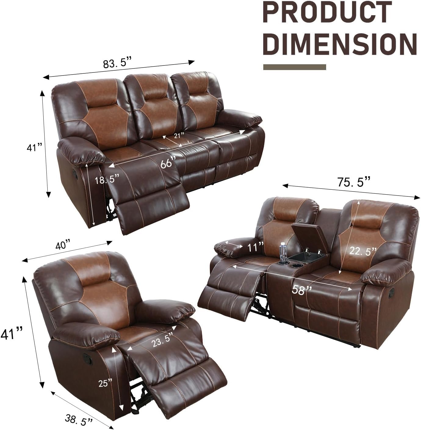 3-Piece Manual Reclining Living Room Set - Bonded Leather Sofa with Drop-Down Console, Loveseat with Storage & Recliner Chair - Perfect for Living Room, House, Bedroom, Office or Apartment (Brown) - Ideal for Family Movie Nights, Entertaining Guests & Relaxing