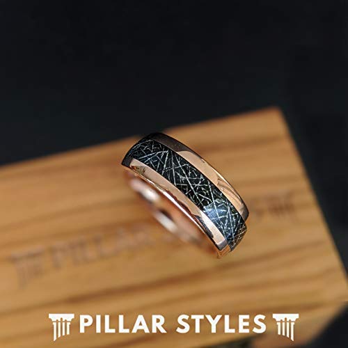 18K Rose Gold Black Meteorite Tungsten Ring for Men - 8mm Durable Wedding Band, Engagement Gift for Him & Her - Perfect for Anniversaries, Proposals & Special Occasions