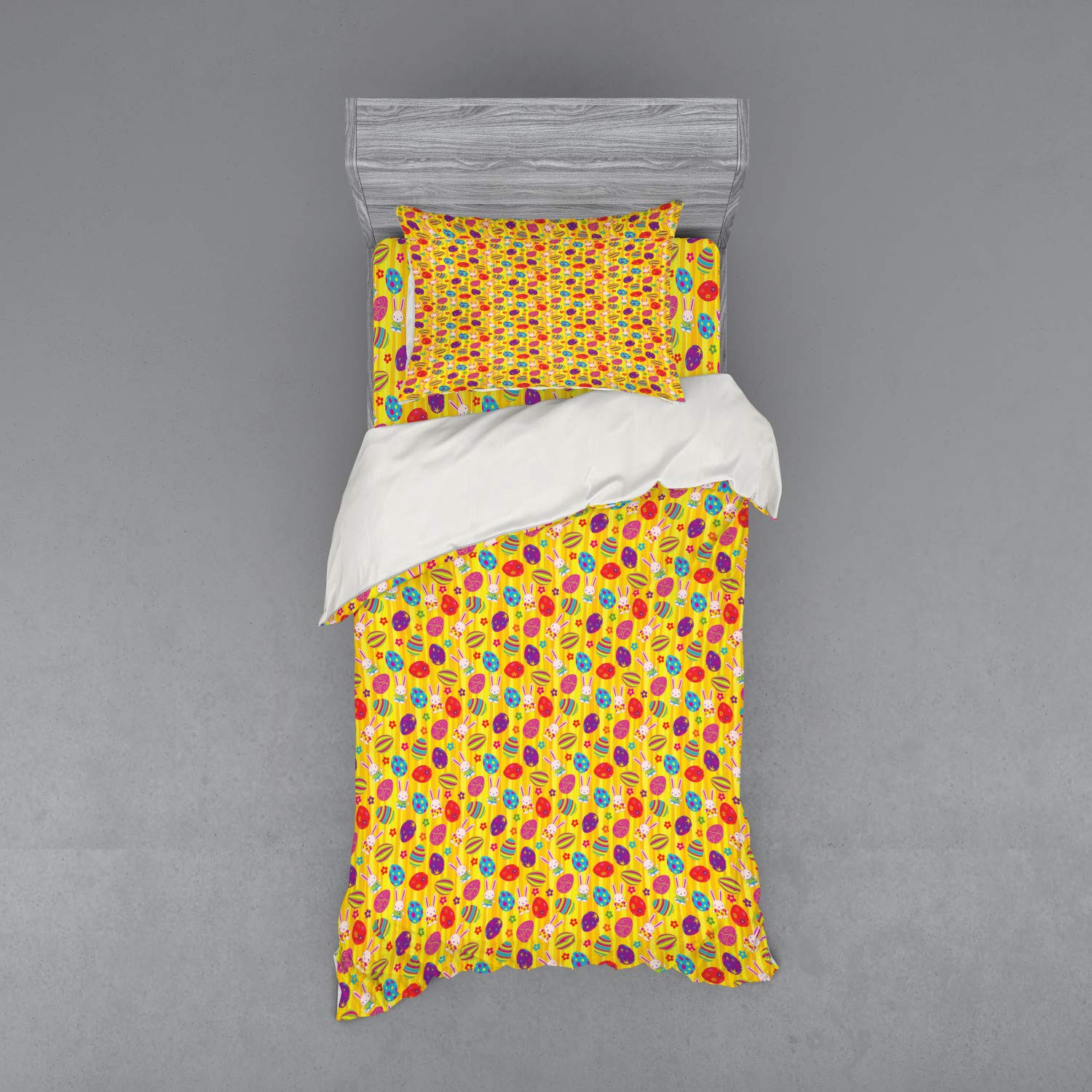Ambesonne Easter Duvet Cover Set - Colorful Floral Bunny Print 3-Piece Bedding (Twin XL) with Sham & Fitted Sheet | Spring Decor, Kids Room, Holiday Home Decor