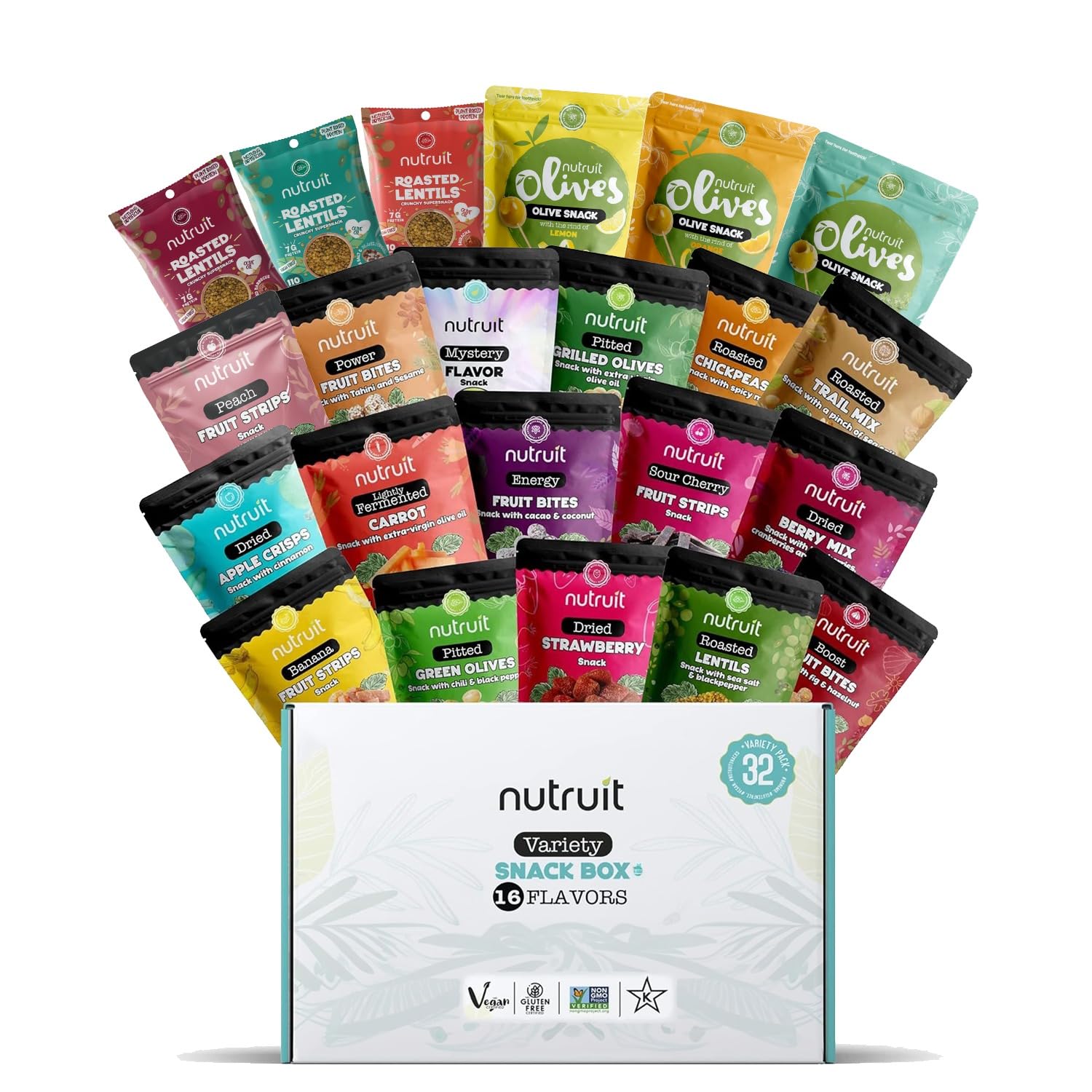 Nutruit Gourmet Healthy Snacks - 32 Pack MEGA Variety Box | Vegan, Gluten Free, Non-GMO Bulk Snacks | Kosher, High Protein & Fiber Plant-Based Snacks (1.2oz Packs) | Perfect for Office, Travel, School & On-the-Go Healthy Eating