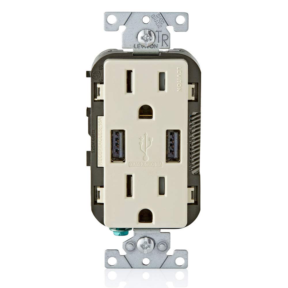 Leviton T5632-T 15A Tamper-Resistant Outlet with Dual USB Charger Ports - In-Wall Smartphone Charging Station for iPhone, Android - Light Almond Finish for Home & Office Use