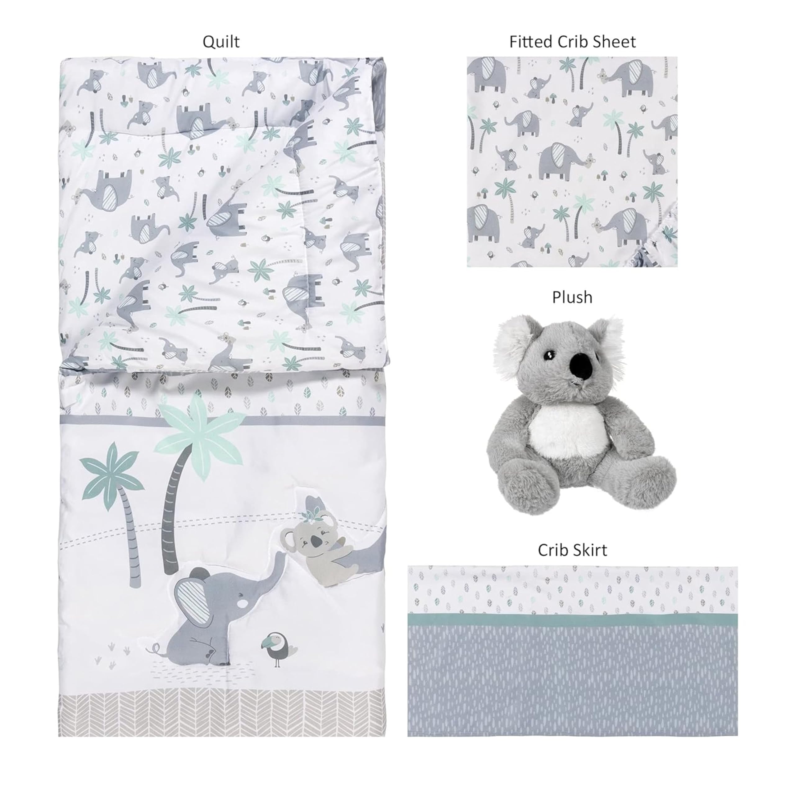 Sammy & Lou Ellie & Friends 4-Piece Baby Crib Bedding Set - Soft Neutral Quilt, Fitted Crib Sheets, Crib Skirt & Plush Toy | Nursery Essentials for Newborns & Toddlers | Perfect for Gender-Neutral Nursery Decor & Baby Shower Gifts