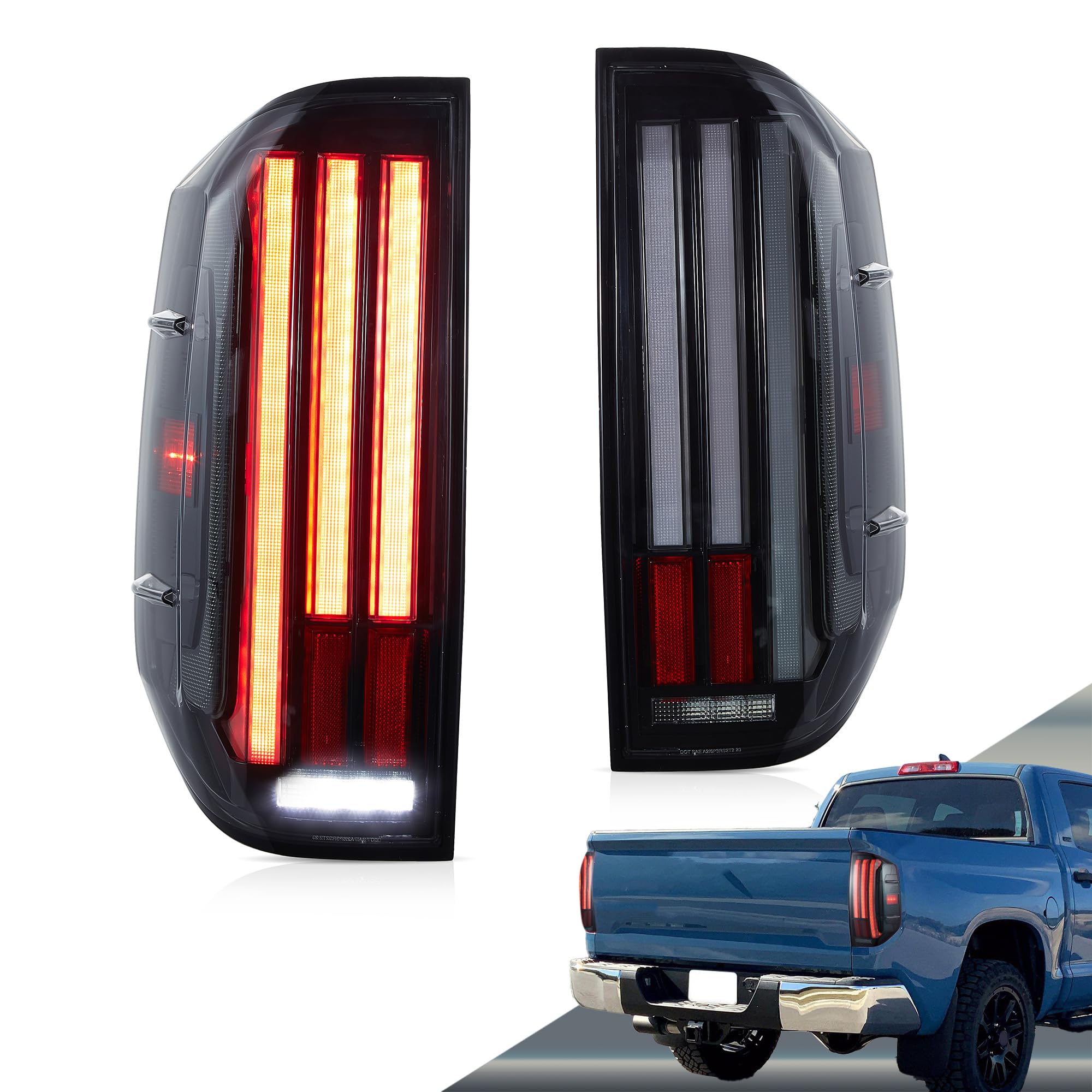 VLAND Smoked LED Tail Lights for 2014-2021 Toyota Tundra (2nd Gen) - Dynamic Animation Sequential Turn Signals, Red Lens, Driver & Passenger Side - Upgrade Your Truck's Rear Style for Night Driving & Custom Look