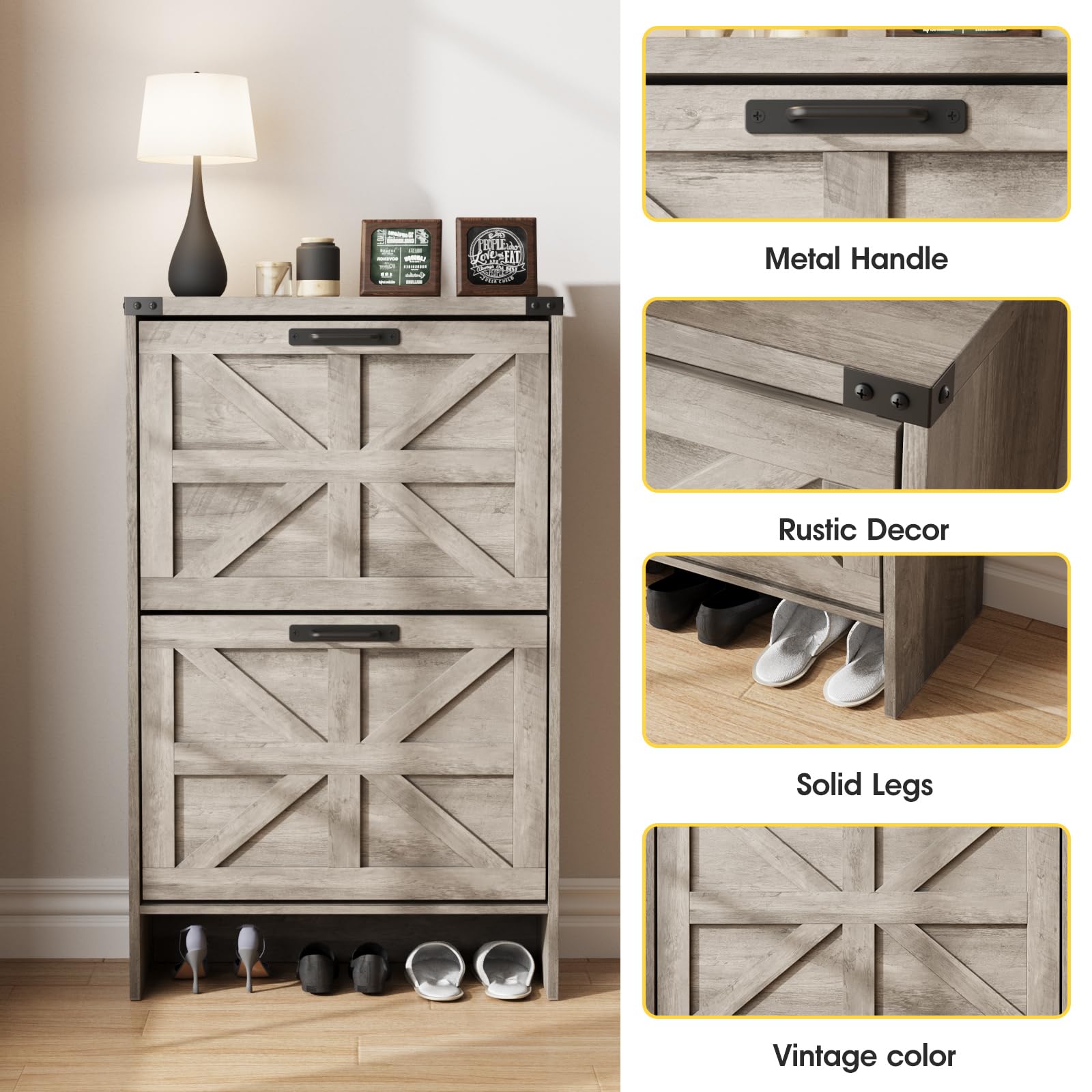 Farmhouse Style Slim Shoe Storage Cabinet with 2 Flip Drawers - Narrow Entryway Organizer for Hidden Shoes, Grey - Perfect for Small Spaces & Entryway Organization