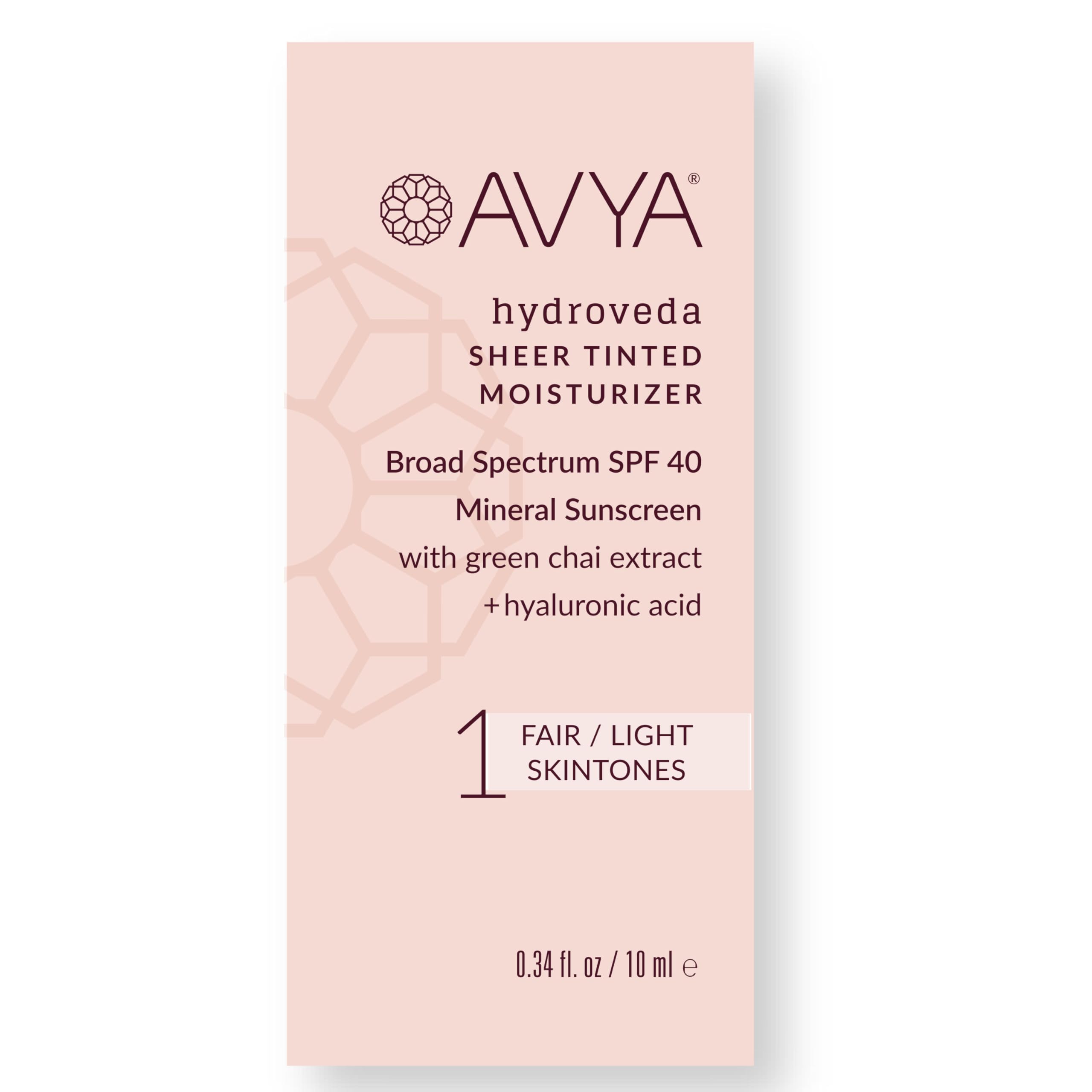 AVYA SPF 40 Sheer Tinted Moisturizer with Hyaluronic Acid & Green Tea - Ayurvedic Skincare for Balanced, Brighter Skin | Fair & Light Complexion Shade #1 (0.34oz/10ml) | Daily Hydration, Sun Protection & Even Tone for Work or Outdoor Activities