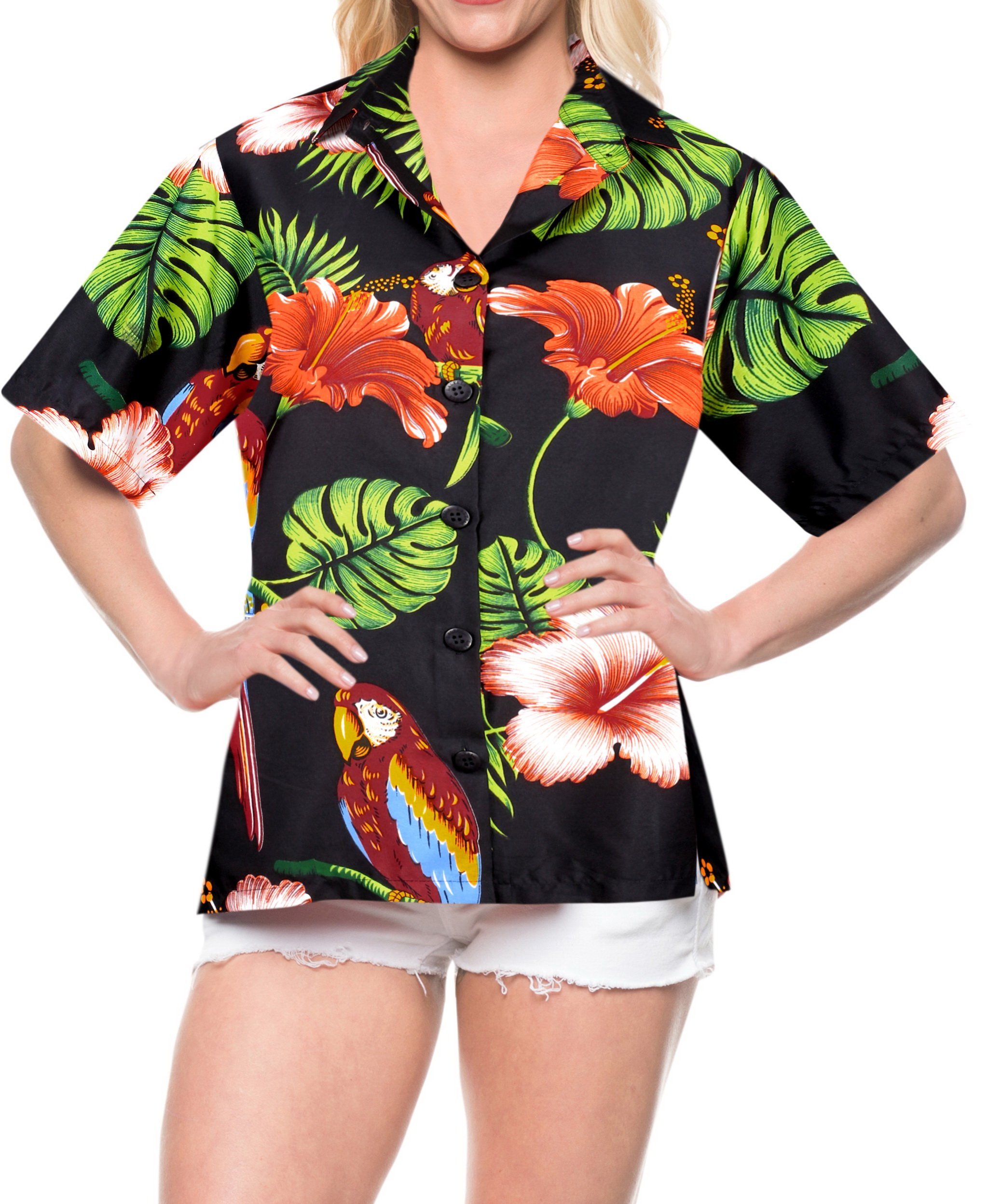 LA LEELA Women's Short Sleeve Hawaiian Beach Blouse Shirt - Floral Print Vacation Top for Summer, Beach Party, and Tropical Getaways