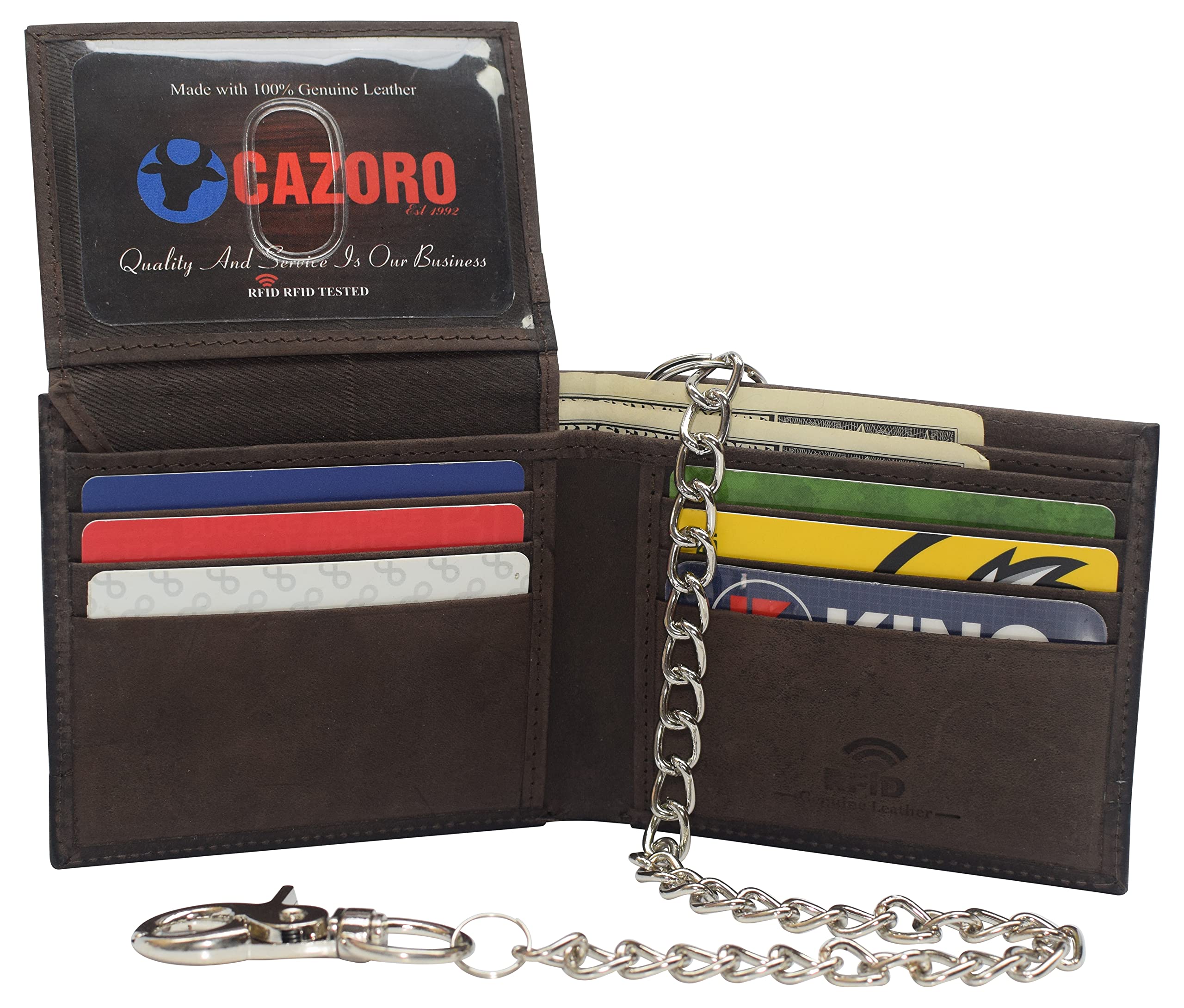Genuine Leather RFID Blocking Biker Wallet for Men - Chain Bifold Flap Up ID Holder (Brown) - Perfect for Motorcycle Riders & Everyday Carry