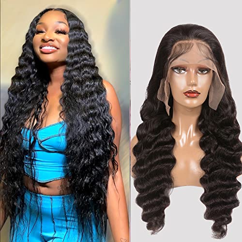13x6 Lace Front Wigs Human Hair - Brazilian Virgin Hair Loose Deep Wave Lace Frontal Wig with Pre-Plucked Hairline & Baby Hair | HD Transparent Lace, 150% Density, 22 Inch Natural Black | Perfect for Daily Wear, Parties & Special Occasions