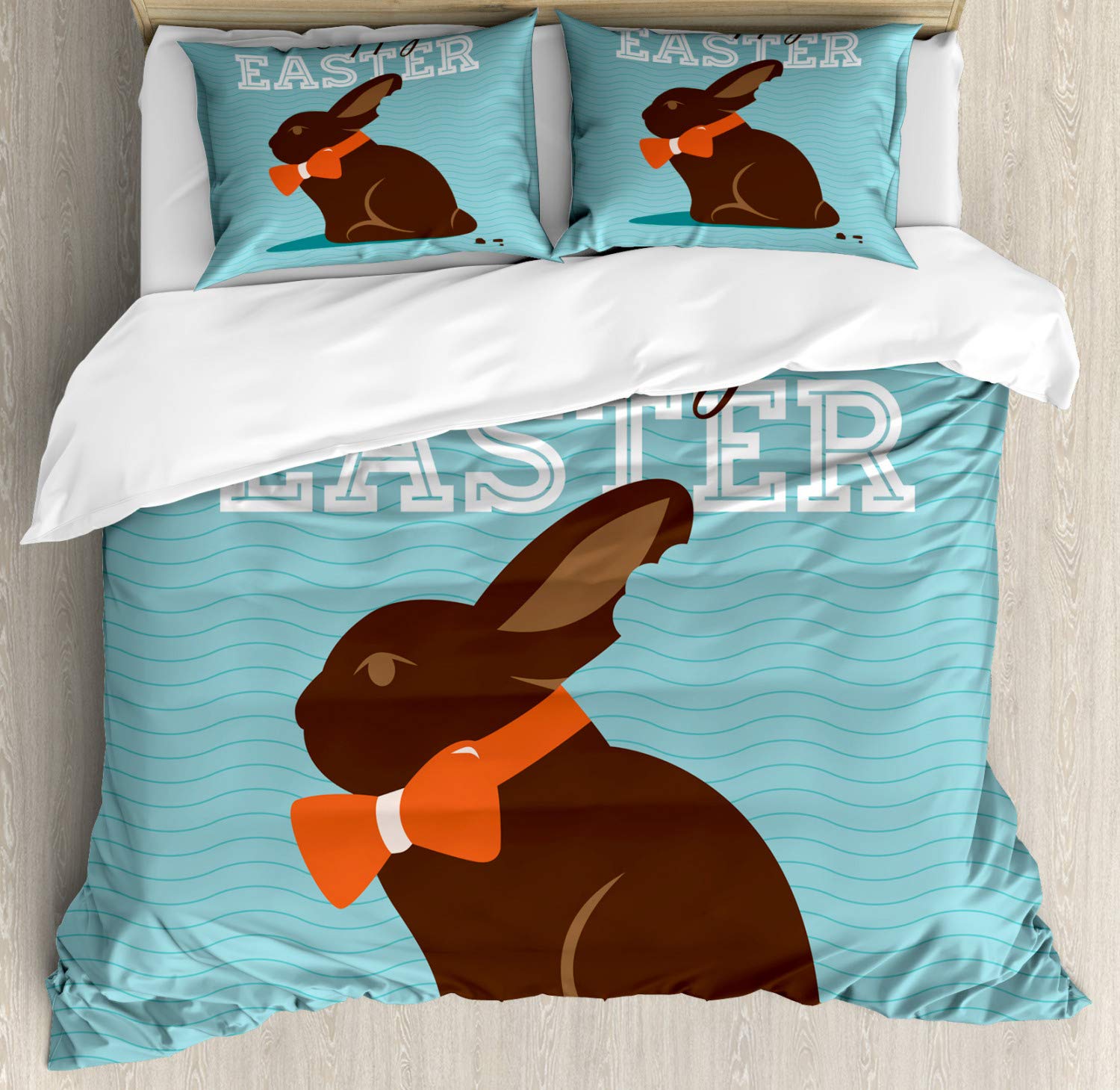Ambesonne Easter Duvet Cover Set - Chocolate Bunny with Orange Bow Tie on Wavy Stripes - 3 Piece Bedding Set with 2 Pillow Shams - California King Size - Dark Brown & Pale Blue - Perfect for Easter Decor, Spring Bedroom Refresh, and Holiday Themed Home Styling