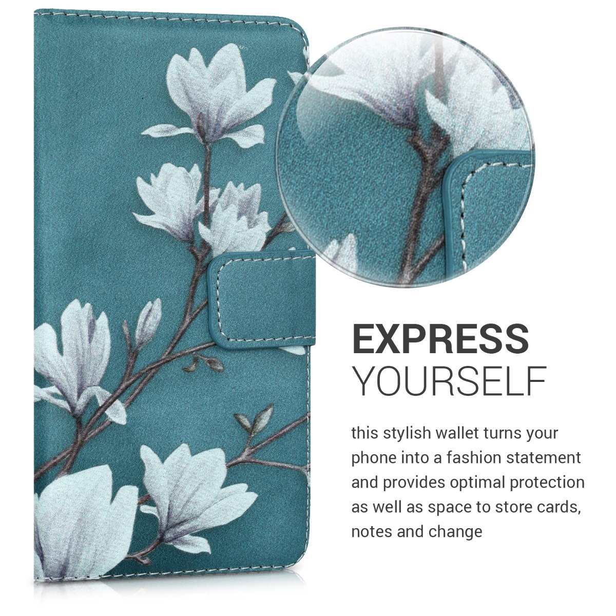 kwmobile Wallet Case Compatible with Huawei P10 Lite - Slim PU Leather Phone Cover with Card Slots & Magnetic Closure (Magnolias Taupe/White/Blue Grey) - Perfect for Work, Travel & Daily Use