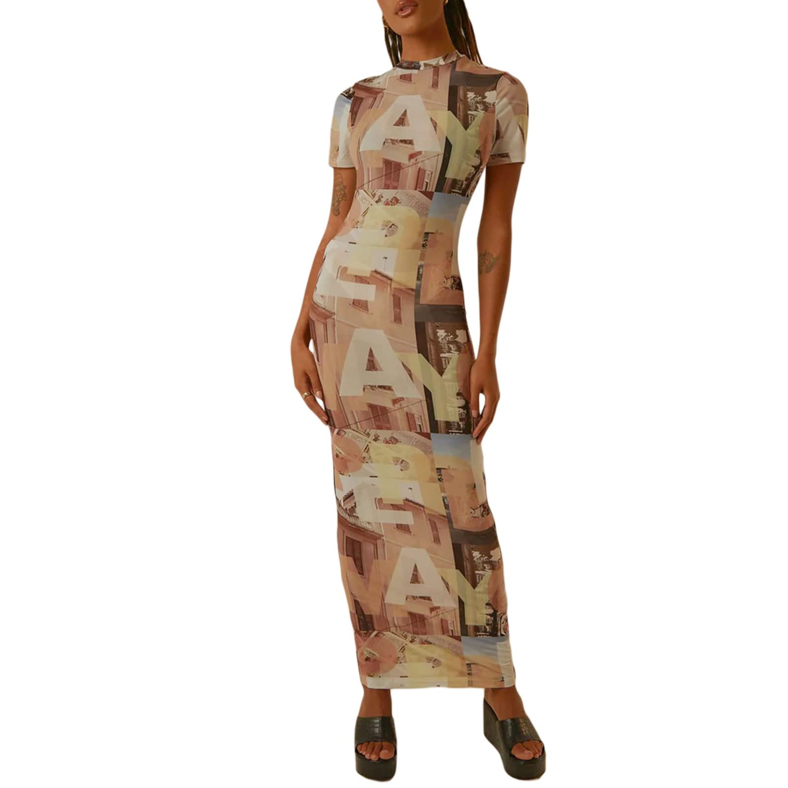 BEINOSE Women's Summer Short Sleeve Bodycon Maxi Dress - Floral Print Round Neck Pencil Dress for Casual Wear, Beach Vacation, Party & Night Out