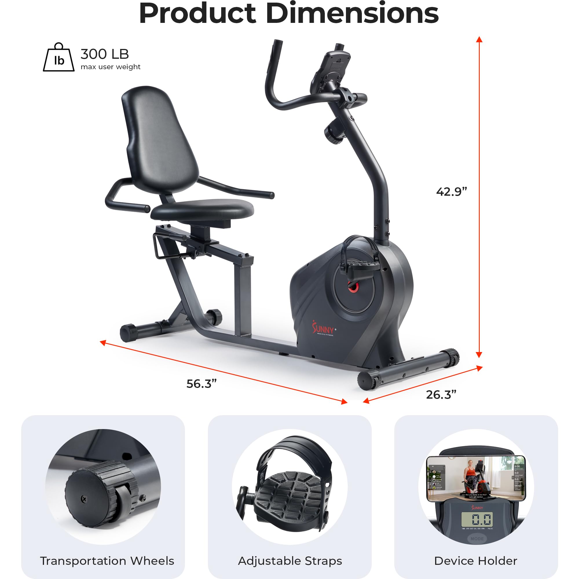 Sunny Health & Fitness Smart Heavy-Duty Recumbent Exercise Bike with Wide Cushioned Seat & Back Support - Indoor Cycling Machine for Adults & Seniors - Home Workout Equipment with Free SunnyFit App Connectivity & Optional Resistance Bands - Perfect for Low-Impact Cardio, Rehabilitation & Home Gym Training