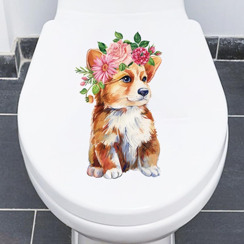 Dog Flower Wreath Toilet Lid Stickers - Waterproof Self-Adhesive Bathroom Decals for Pet Lovers | Perfect for Toilet Tank, Seat & Wall Decor in Dog-Themed Bathrooms
