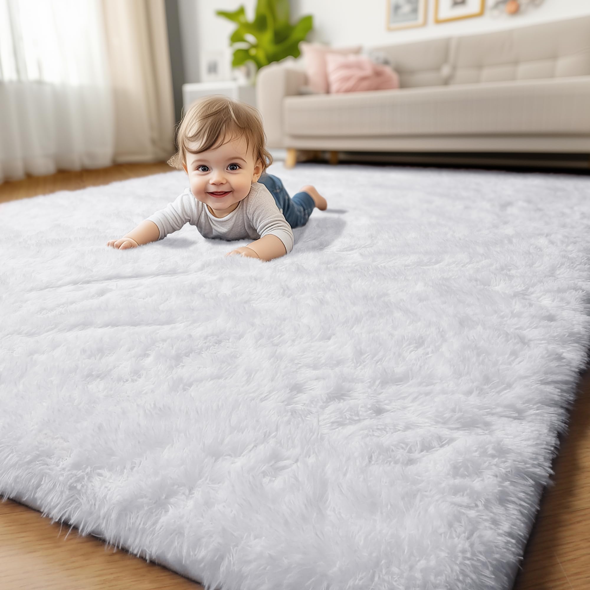 Soft White Fluffy Shag Rug 5x7 - Plush Furry Area Carpet for Living Room, Bedroom, Nursery & Kids Room - Ultra Soft Fuzzy Rug for Game Room, Play Room & Home Decor - Cozy & Comfortable Floor Mat for Relaxing & Lounging