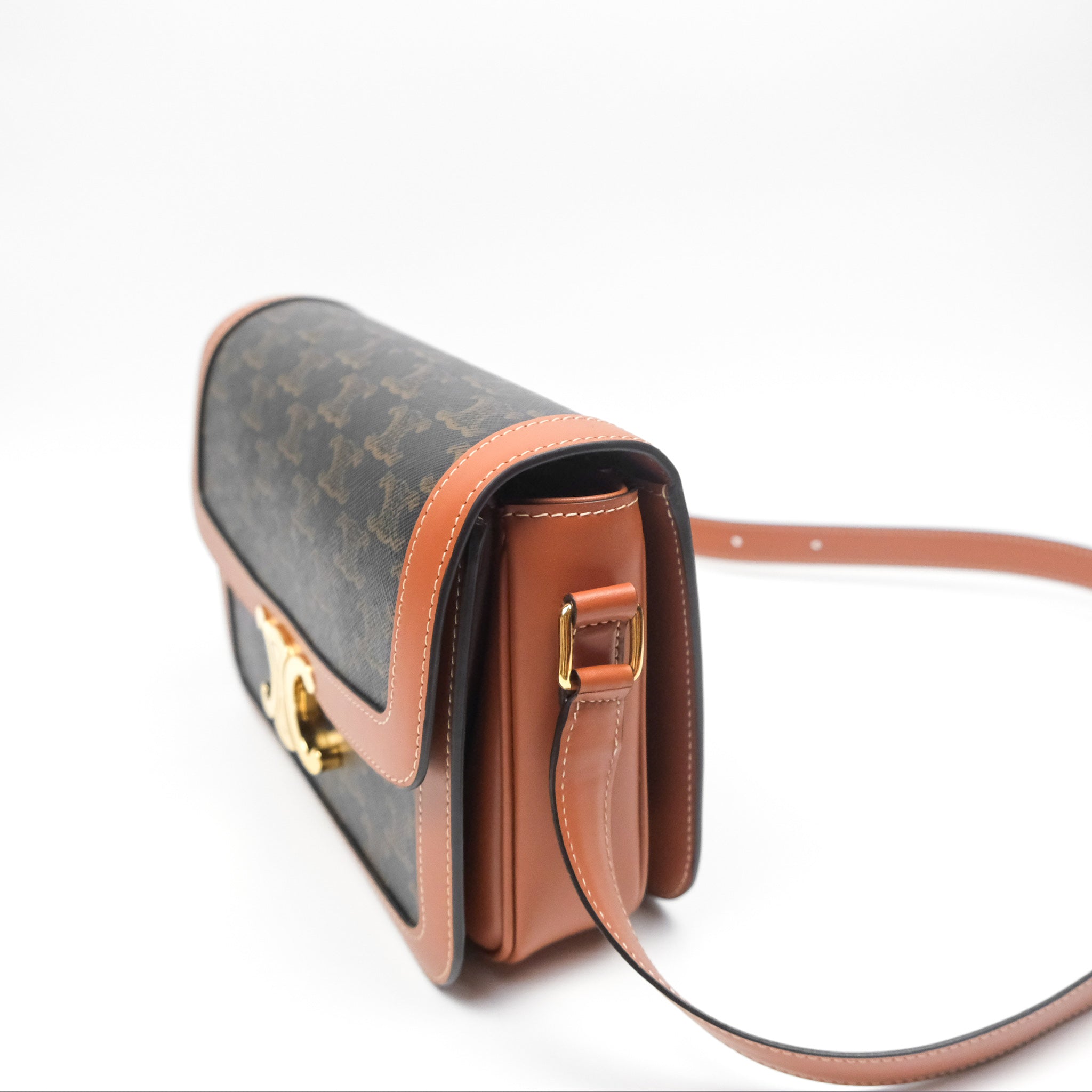 Celine Medium Triomphe Bag in Triomphe Canvas & Tan Calfskin Leather - Luxury Crossbody Handbag for Women, Perfect for Work, Travel & Everyday Use