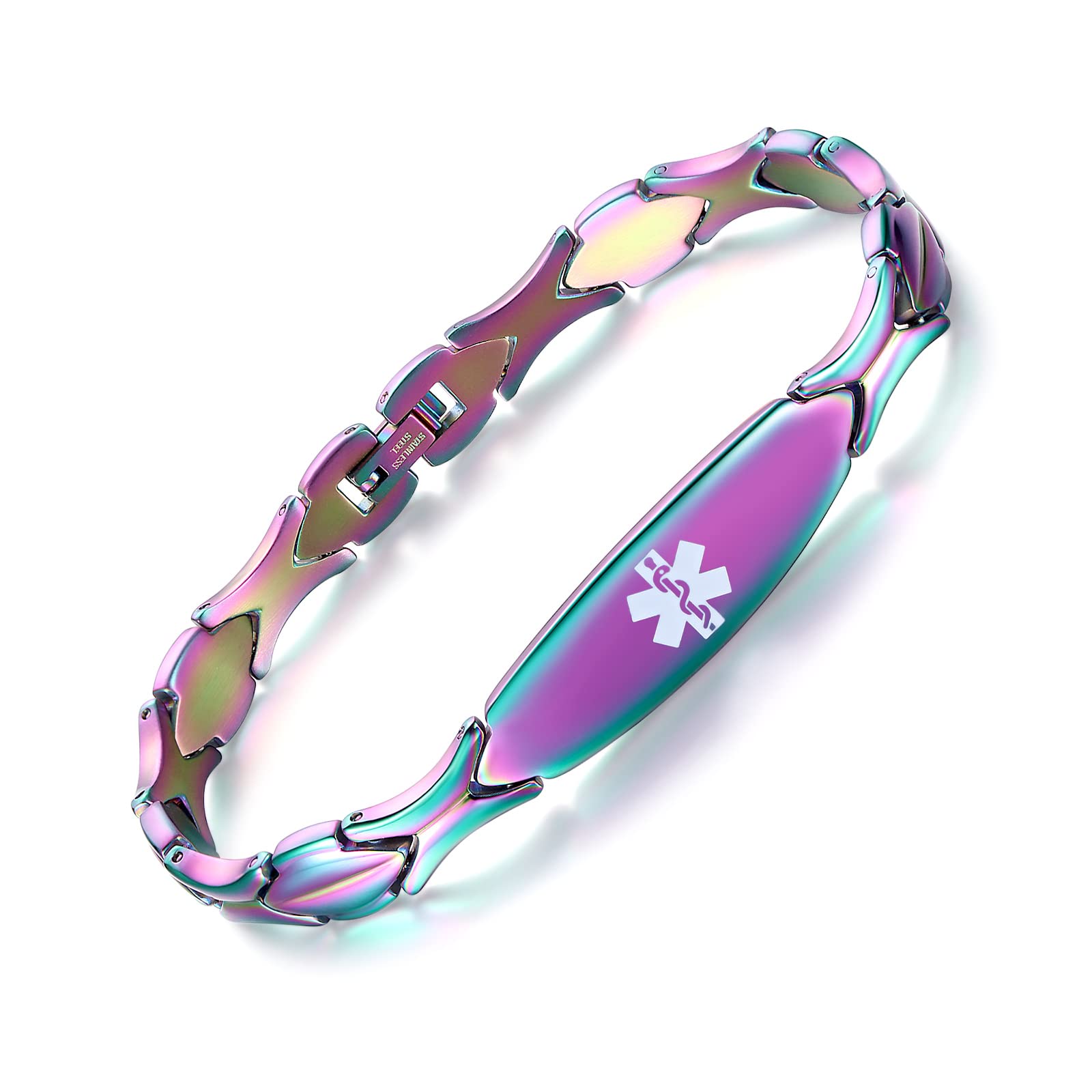 LinnaLove Fashion Shiny Stainless Steel Medical ID Bracelet for Women - Free Engraving, Waterproof & Adjustable - Perfect for Daily Wear, Travel & Emergency Medical Alert