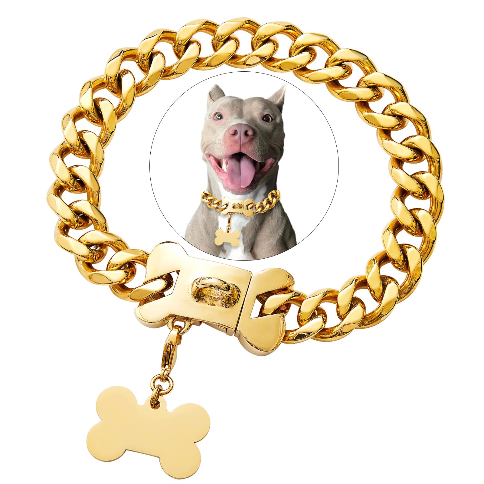 Stainless Steel Gold Cuban Link Dog Collar - Heavy Duty Pet Collar for Small, Medium & Large Dogs - Adjustable Safety Buckle - Perfect for American Bully, French Bulldog & More - Great for Daily Walks, Training & Fashion Accessories