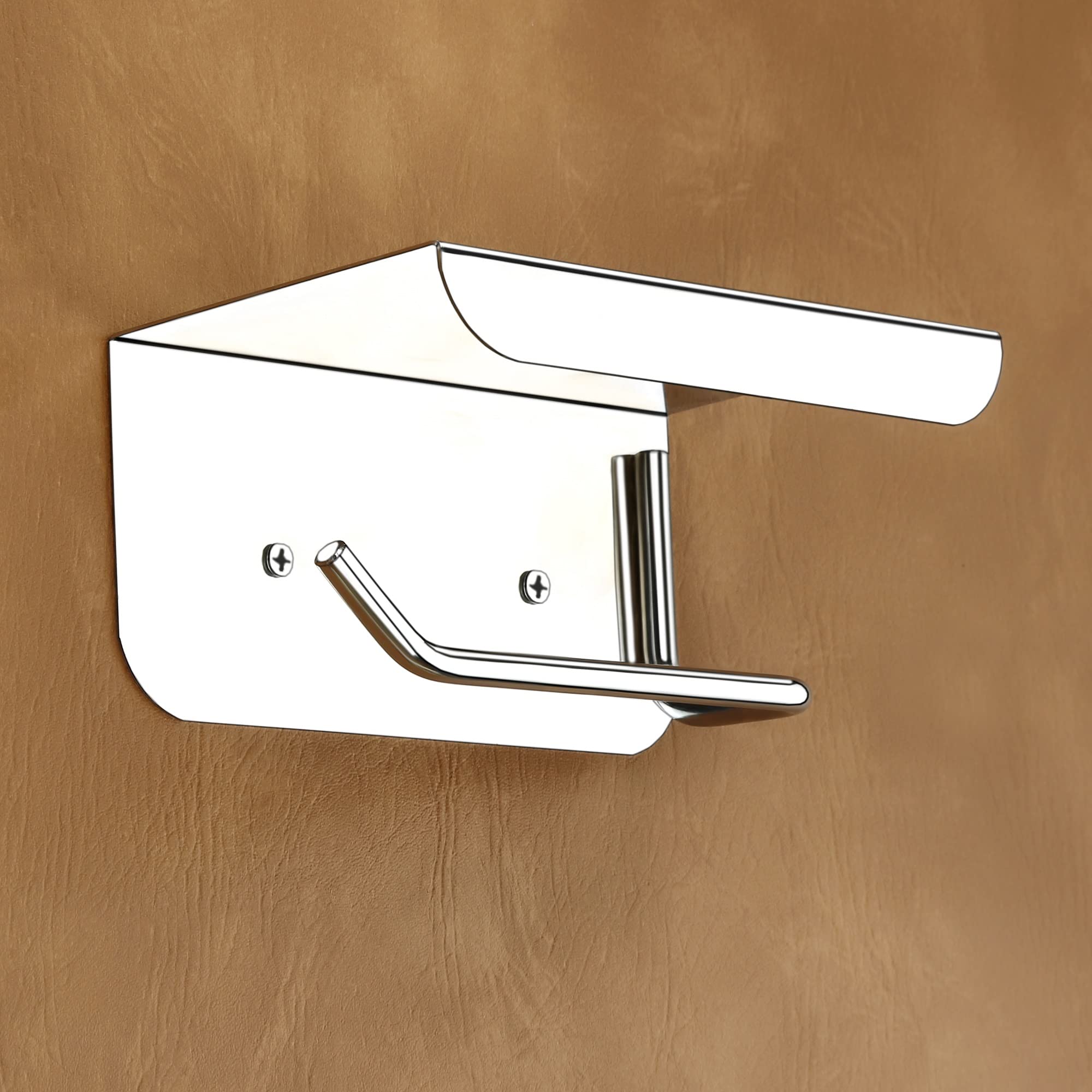 SmartSlide Stainless Steel Toilet Paper Holder with Phone Stand - Wall Mounted Bathroom Tissue Roll Holder with Shelf - Nickel Chrome Bathroom Accessories for Modern Homes (Perfect for Small Bathrooms & Powder Rooms)