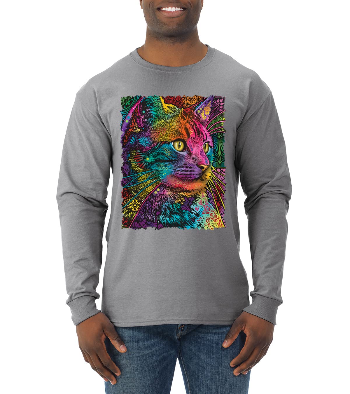 Dean Russo Art Cat Lover Long Sleeve Shirt for Men - Colorful Cat Portrait Graphic Tee | Gift for Cat Owners | Perfect for Casual Wear & Cat-Themed Events