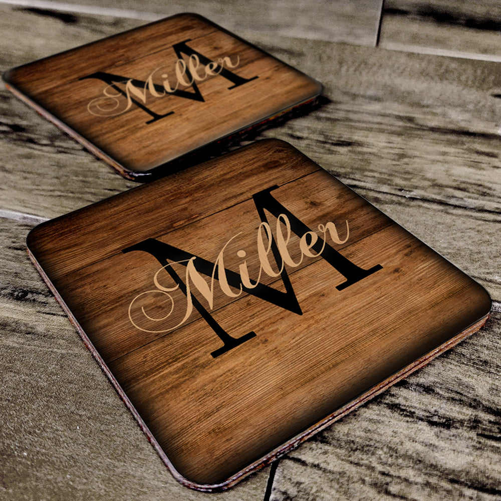Personalized Monogram Wooden Square Coasters - Set of 4 - Custom Engraved Drink Coasters for Home, Bar, Office & Wedding Gifts