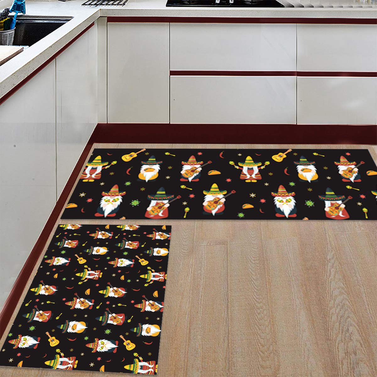 Non-Slip Kitchen Rug Set of 2 - Washable Floor Mats with Mexican May 5th Festival Design (Cute Dwarf Flowers & Guitar on Black) - 15.7