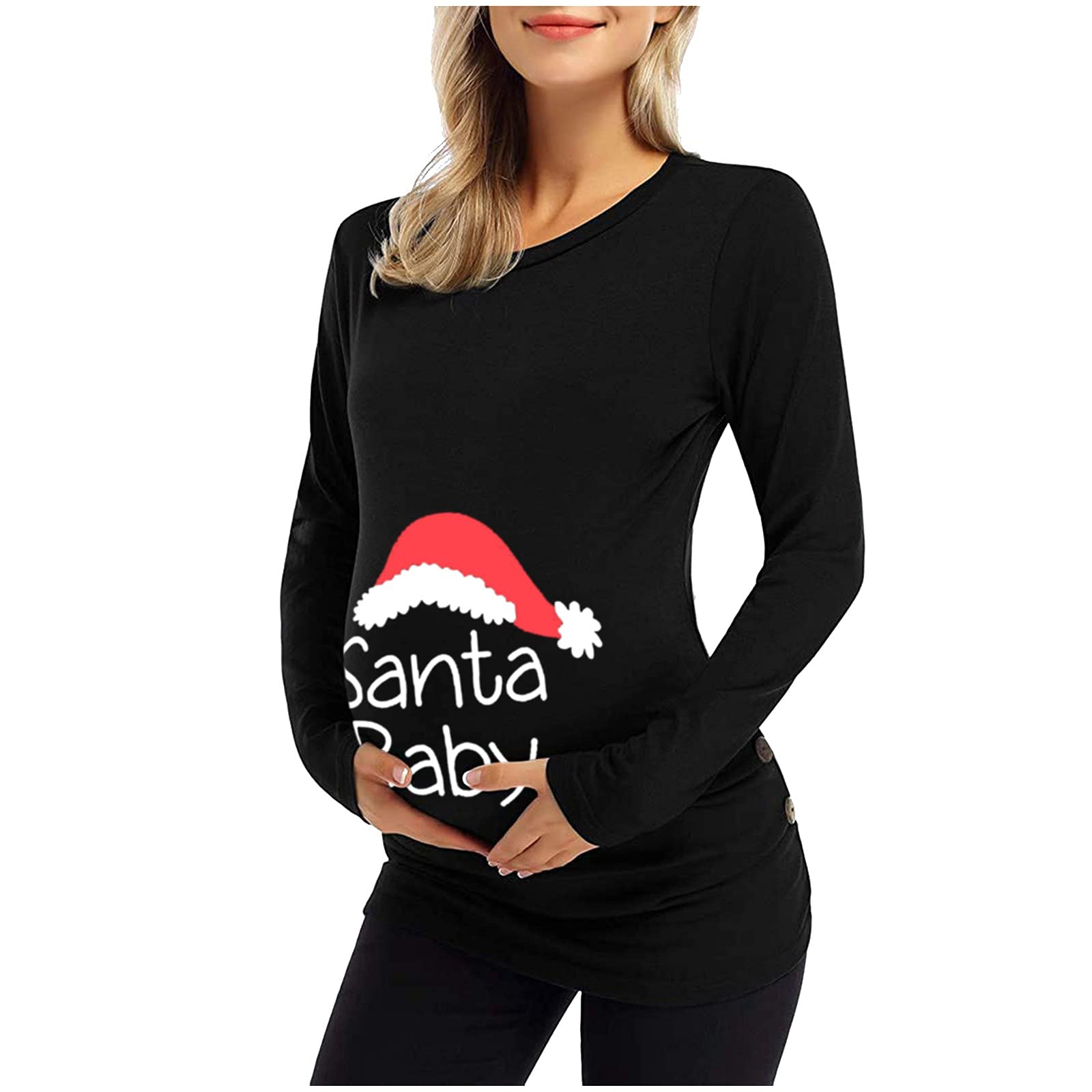 Maternity Christmas Dress for Women - Long Sleeve Letter Print Tunic Top Mini Dress (Black-02#, XXL) - Perfect for Holiday Parties, Family Gatherings & Pregnancy Photos