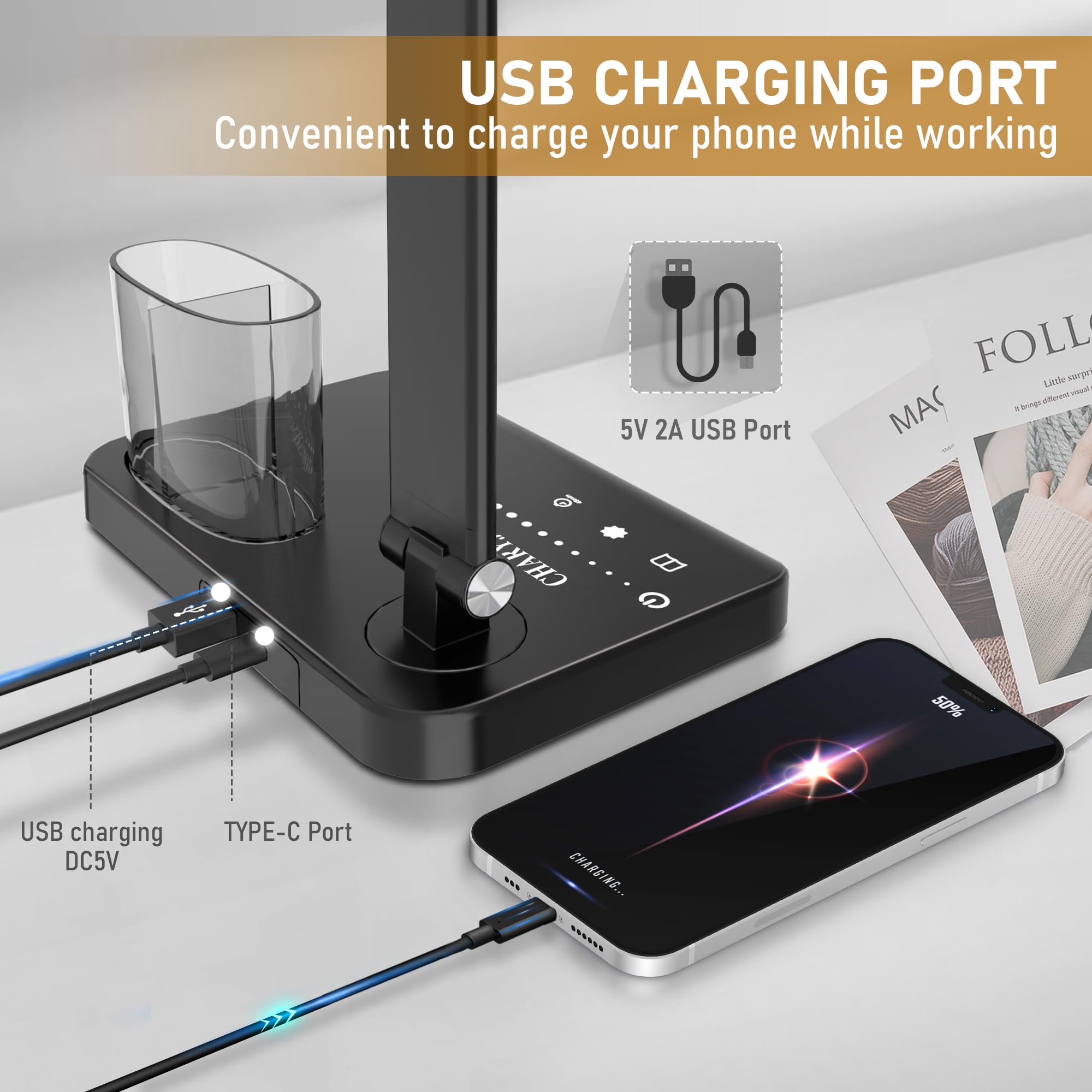 Adjustable Dimmable LED Desk Lamp with USB Charging Port - 50 Lighting Modes, Dual Swing Arm Architect Table Lamp for Home Office, Study, Dorm, Piano & Nail Salon - Perfect for Reading, Working & Crafting