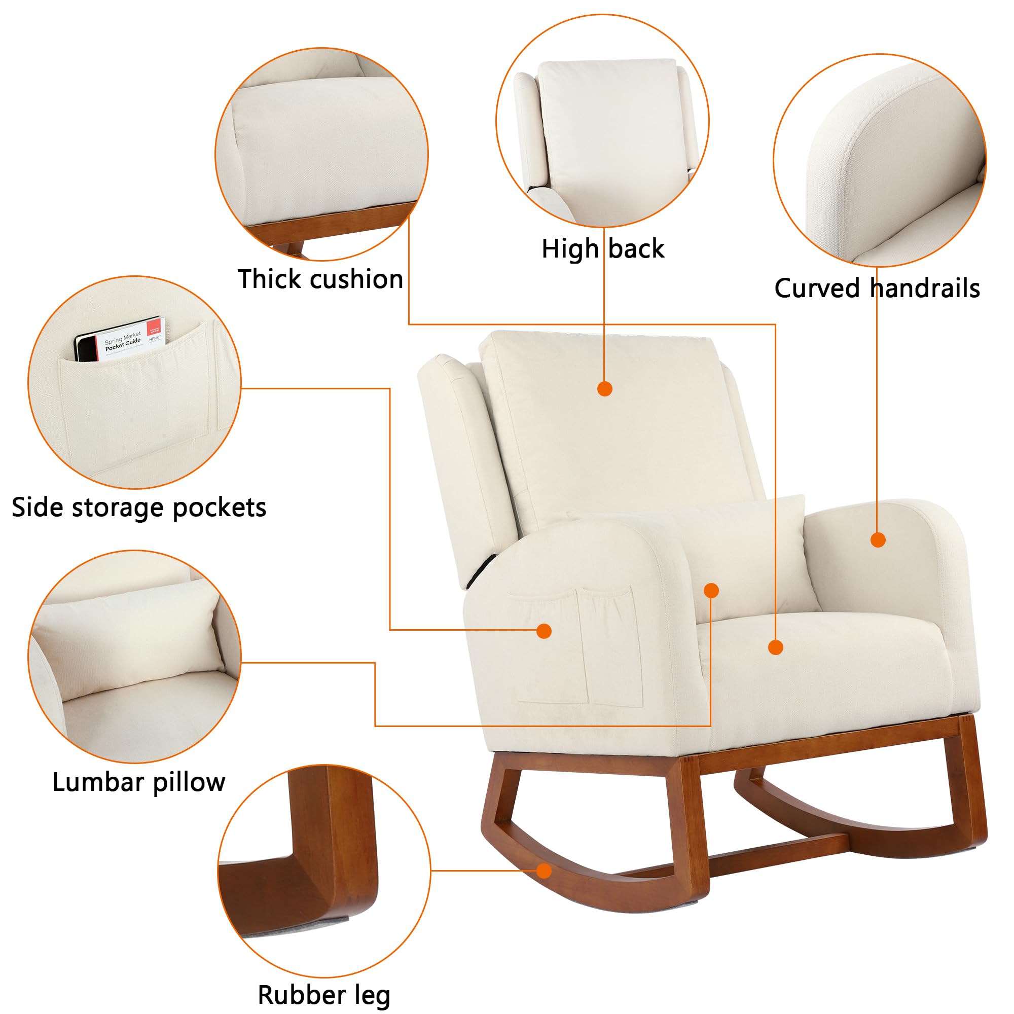 DAGONHIL Nursery Glider Rocking Chair - High Back Upholstered Armchair with Side Pocket & Pillow, Solid Rubber Wood Legs, Soft Flannel Fabric - Perfect for Nursery, Living Room & Bedroom (Beige) | Comfortable Seating for Breastfeeding, Reading & Relaxing