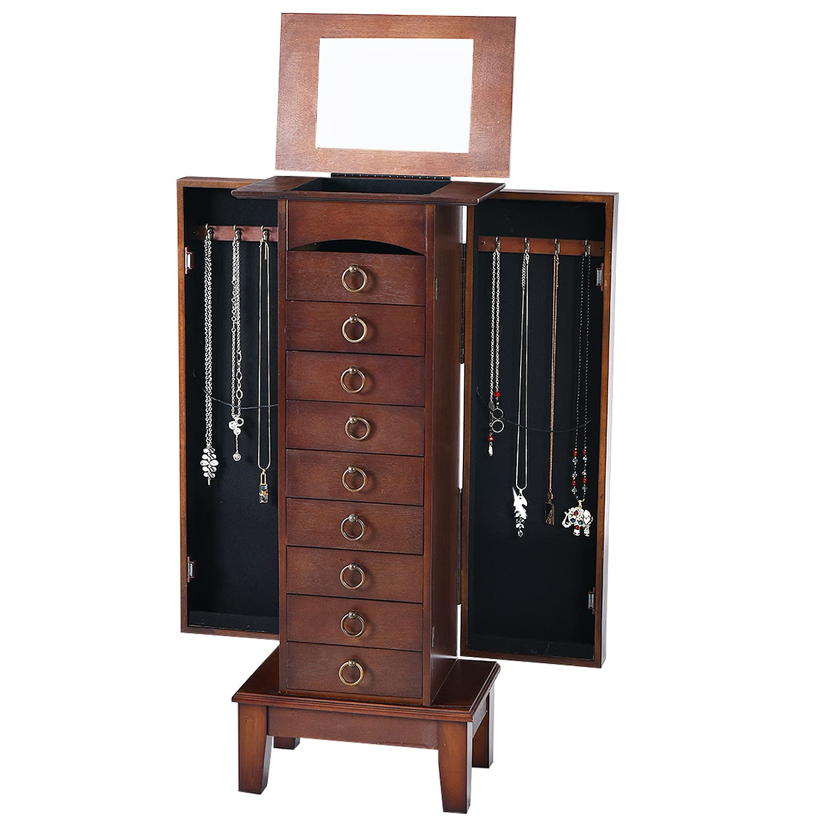 Wooden Jewelry Armoire Cabinet with Flip Top Mirror - 9 Drawers & 2 Side Doors for Necklaces, Bracelets, Earrings - Large Capacity Standing Jewelry Storage Organizer for Bedroom, Closet, or Dressing Room