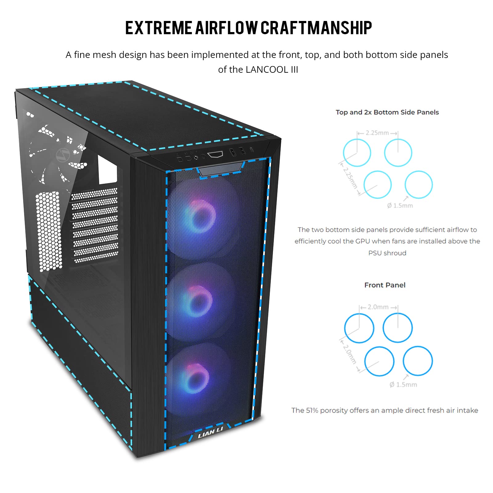LIAN LI LANCOOL III E-ATX PC Case - High Airflow RGB Gaming Computer Case with Hinged Tempered Glass Doors, Fine Mesh Panels & 4x140mm PWM Fans | Spacious Chassis for Gaming Rigs, Workstations & Streaming PCs (Black)