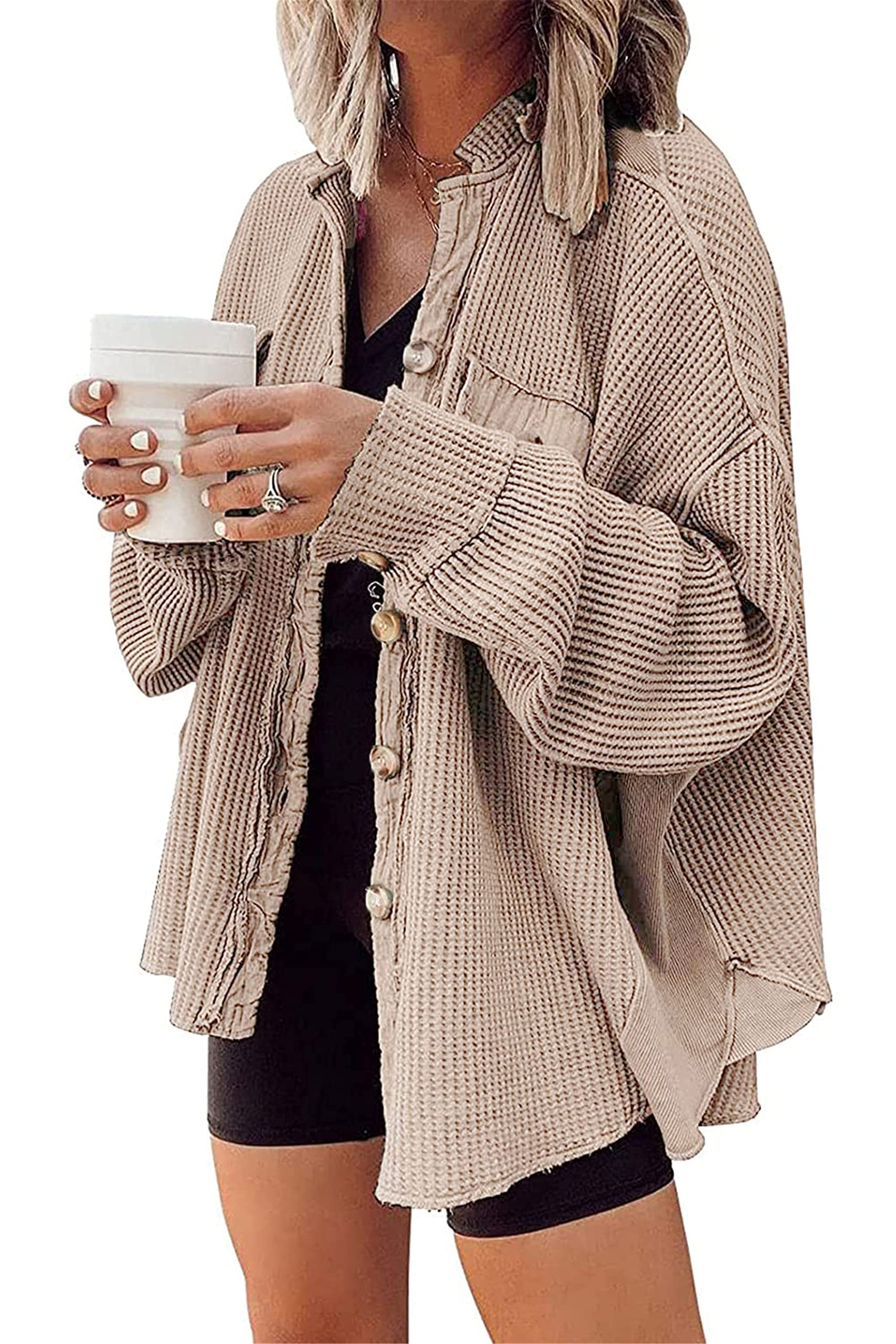 Women's Loose Fit Batwing Sleeve Waffle Knit Button Down Shirt Shacket Tops - Casual Fall Layering Piece for Work, Date Night & Weekend Outings