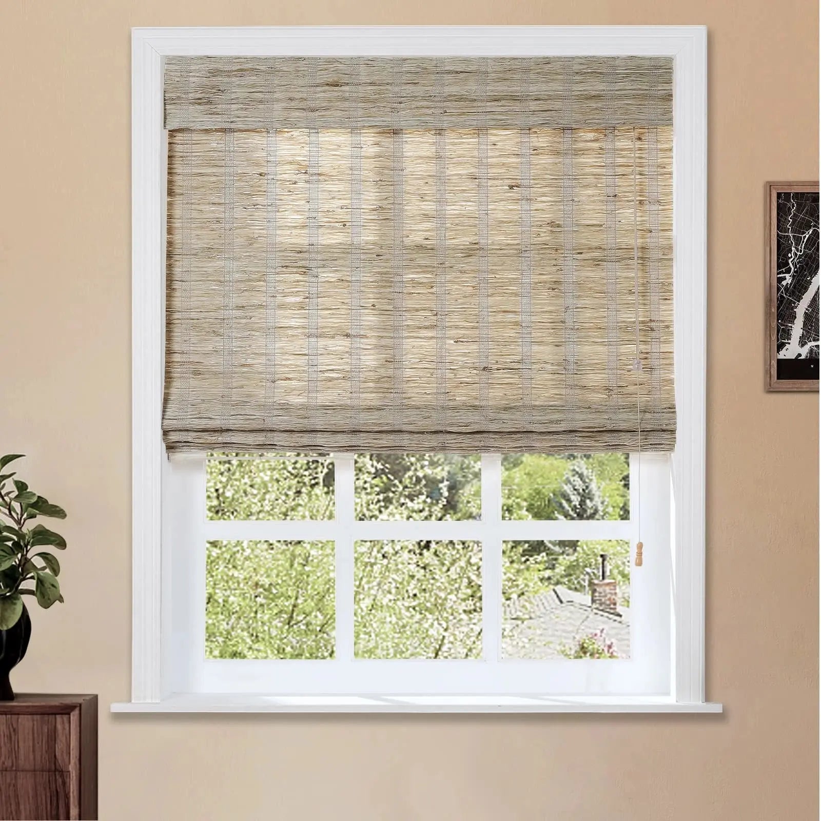Natural Ramie Bamboo Woven Window Shade - Light Filtering Almond Color for Living Room & Bedroom Privacy