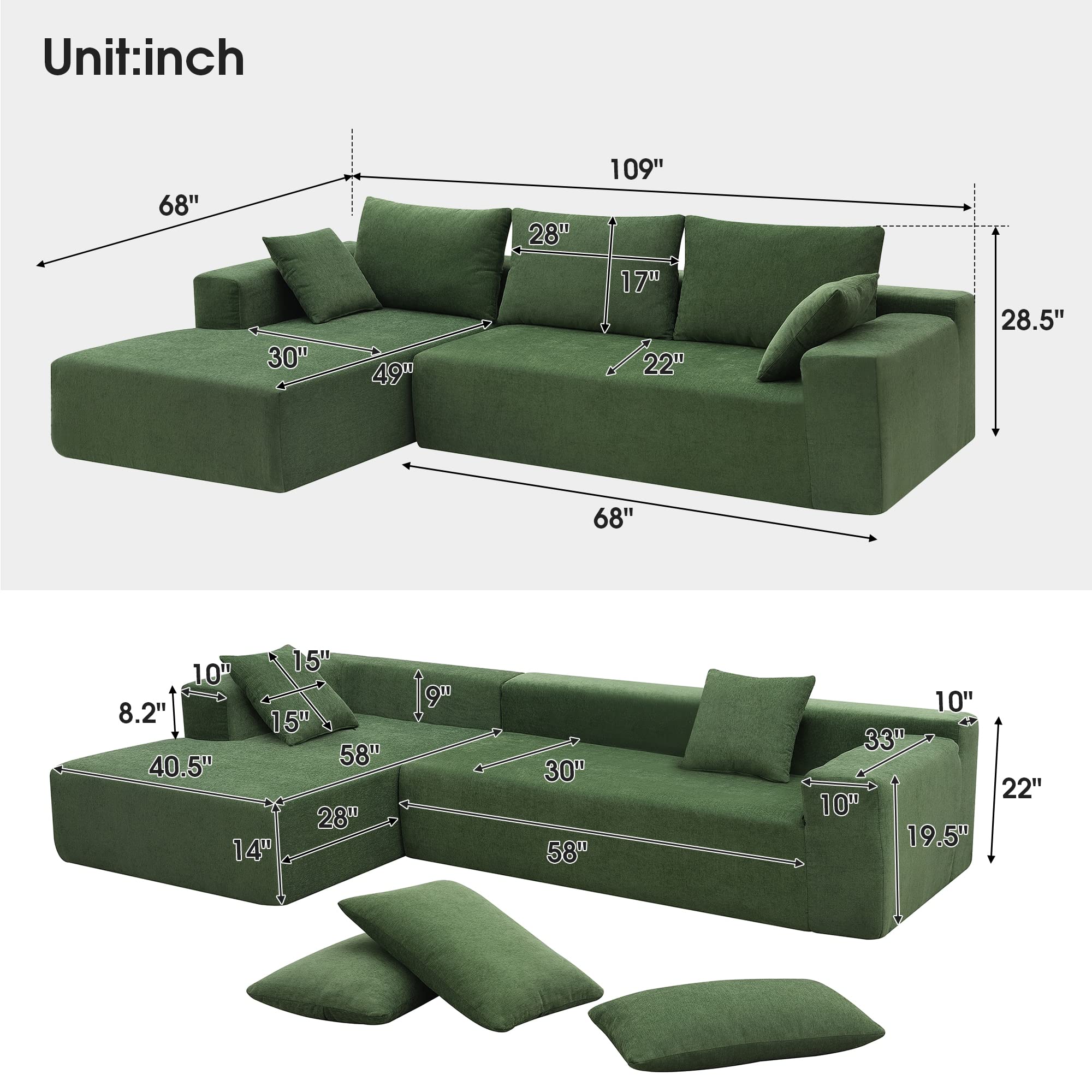 Bellemave Modular Sectional Sofa Set - L-Shaped Sleeper Sofa with 2 Throw Pillows, Modern Upholstered Convertible Couch, Minimalist Living Room Furniture for Small Spaces (Green) | Perfect for Apartments, Lofts & Cozy Home Decor