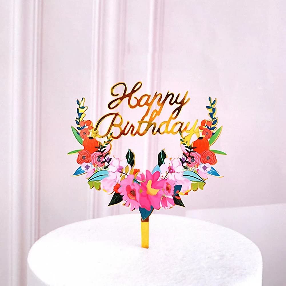 5 Pack Happy Birthday Cake Toppers - Glitter Acrylic Flower Cake Decorations for Birthday Parties, Anniversaries, Baby Showers & Wedding Cakes - Perfect for Dessert Table Decor, Cupcake Toppers & Pastry Display