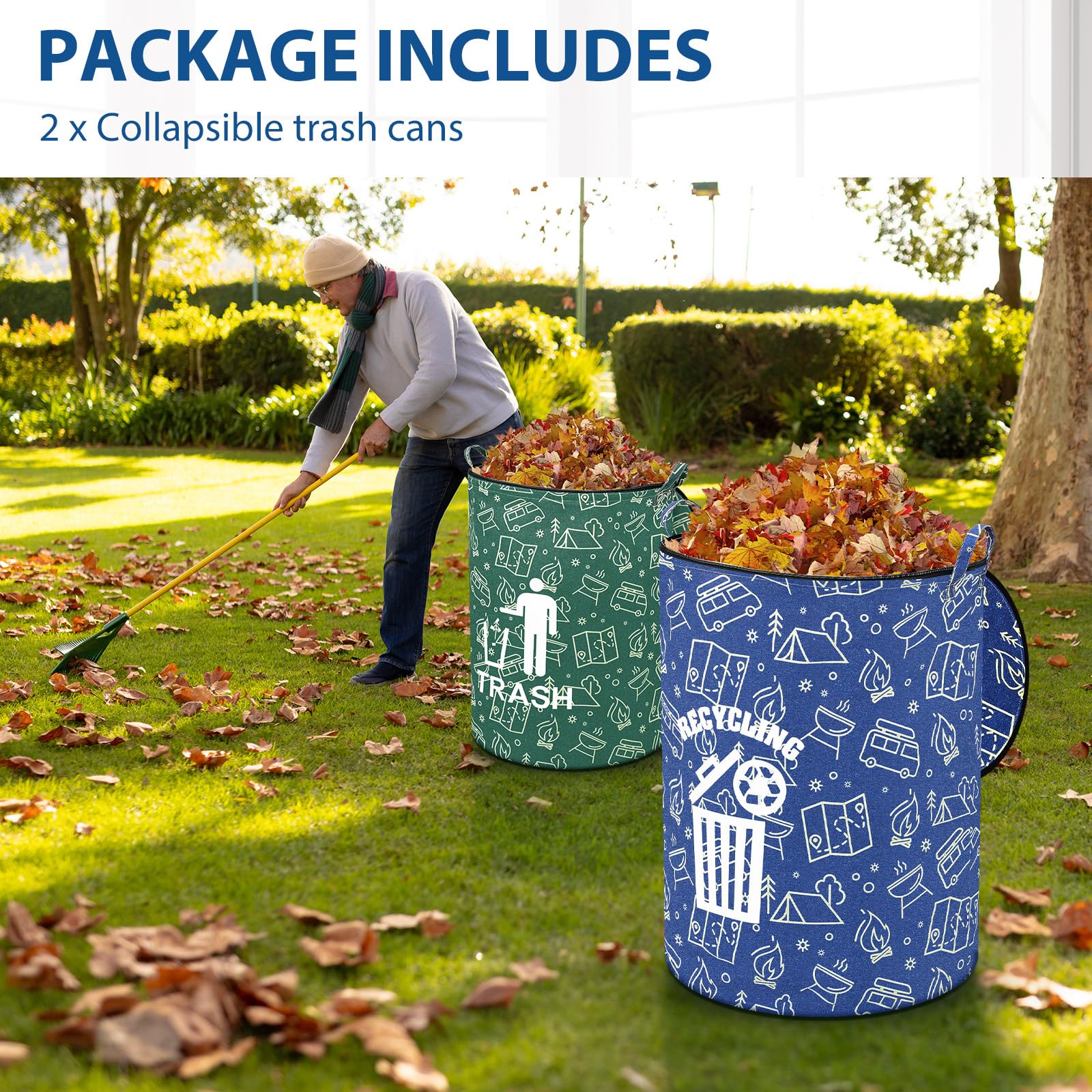 2 Pack Collapsible Trash Can with Zippered Lid - Foldable Storage Bin for Camping, RV, Yard Waste & Recycling - Portable Garbage Can for Outdoor, Picnics, Beach & Travel