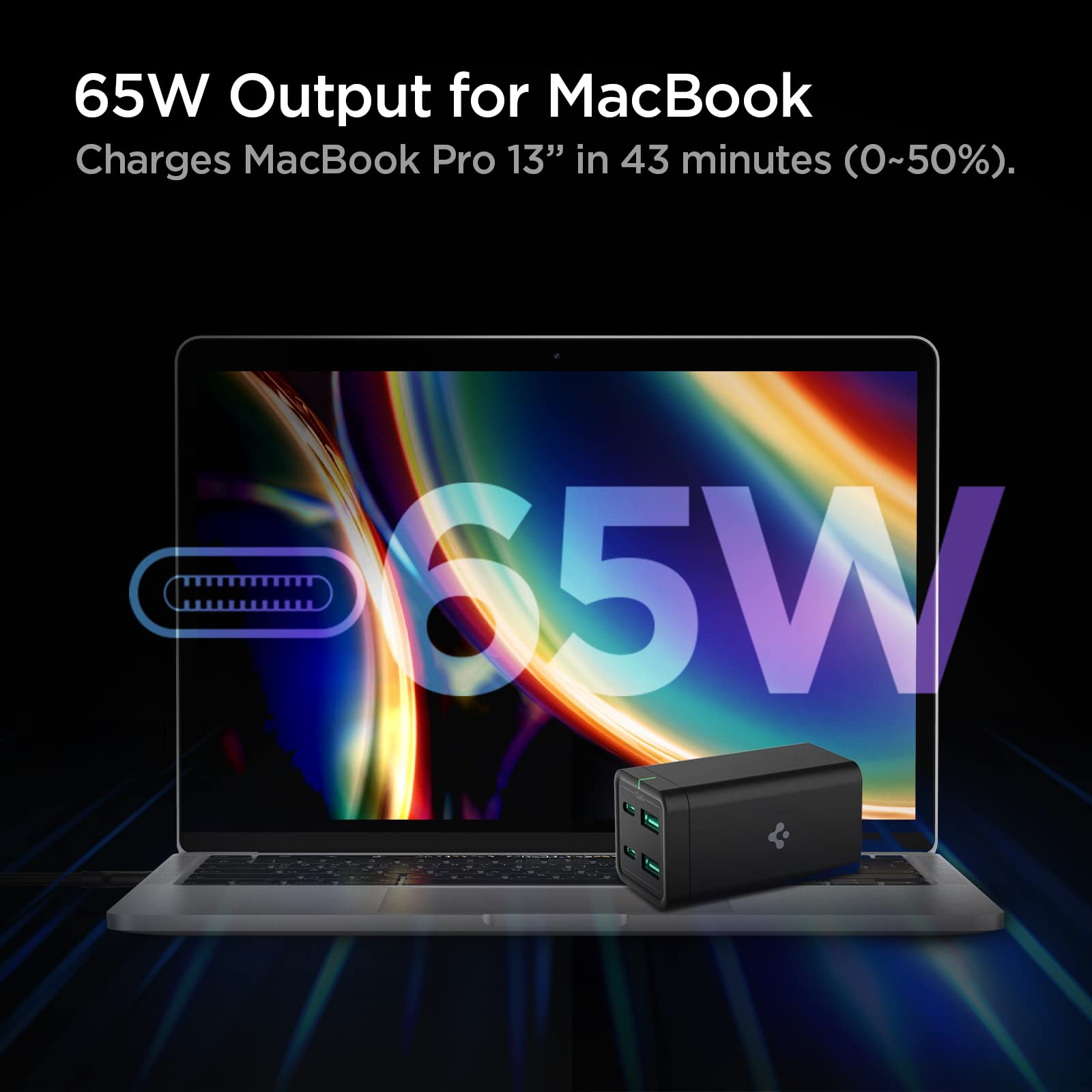 Spigen ArcDock 65W [GaN III] 4-Port USB C Charging Station - Fast PD Charger with USB-C & USB-A Ports - Includes 100W USB 4 Cable for MacBook Pro/Air, iPad, Laptops - Perfect for Home, Office & Travel Charging Needs