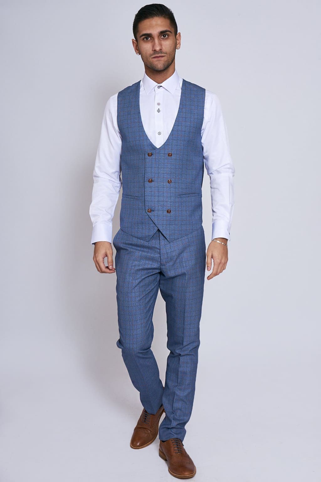 Light Blue Check Three Piece Suit for Men - Marc Darcy George Style Formal Wear | Perfect for Weddings, Business Meetings & Special Occasions