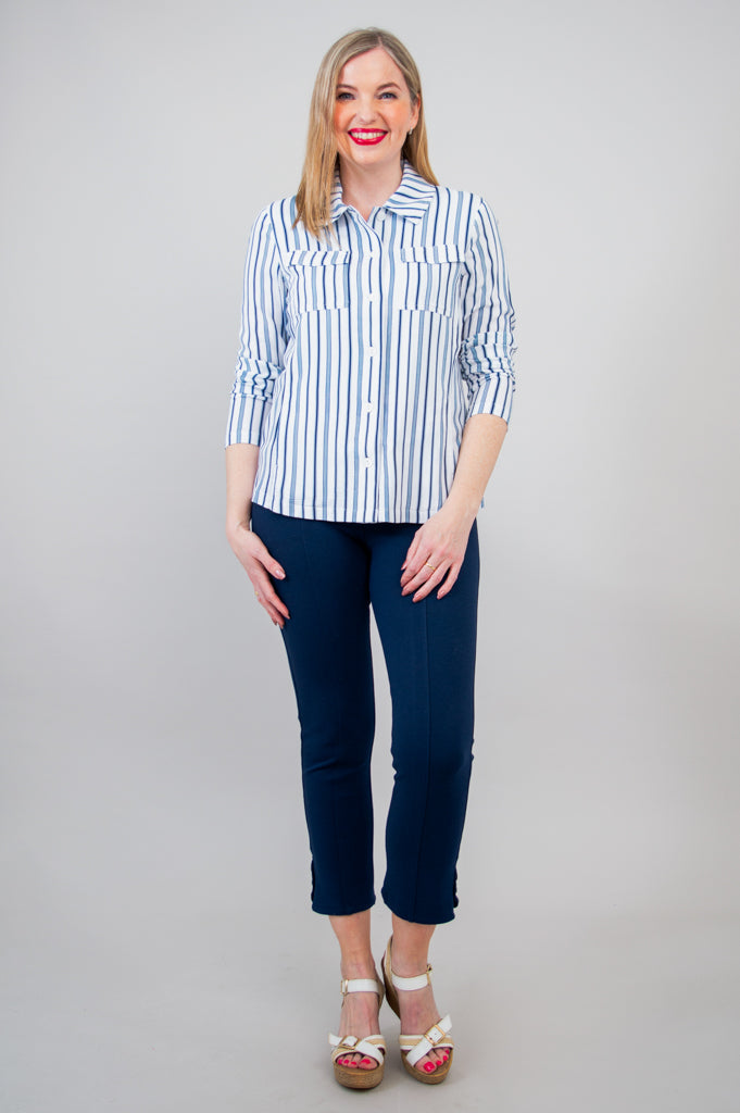 Lauren Jacket for Women - Indigo Stripe Linen Bamboo Blend Lightweight Cardigan - Perfect for Spring, Summer & Casual Office Wear