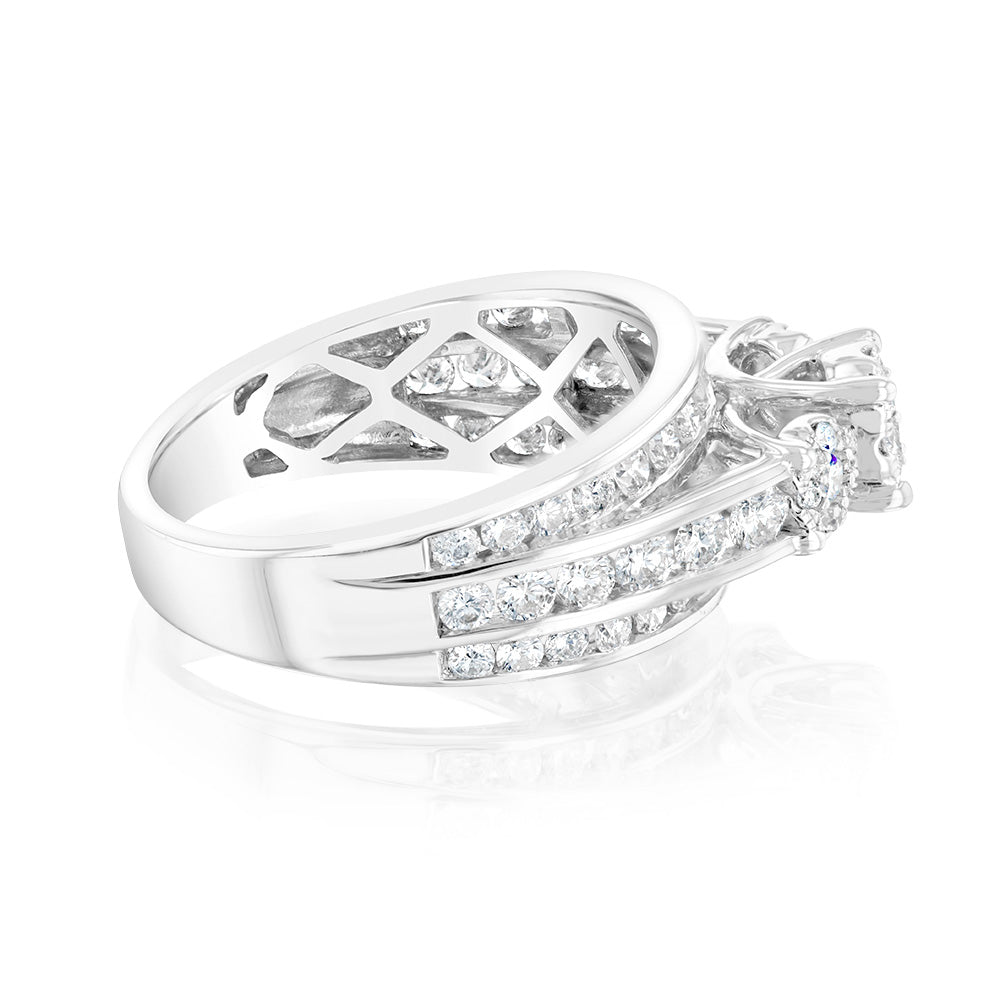 14K White Gold 1.5 Carat Diamond Trilogy Ring with 3 Round Brilliant Cut Diamonds & Halo Setting | Channel Set Wedding Band | Perfect for Engagement, Anniversary & Special Occasions