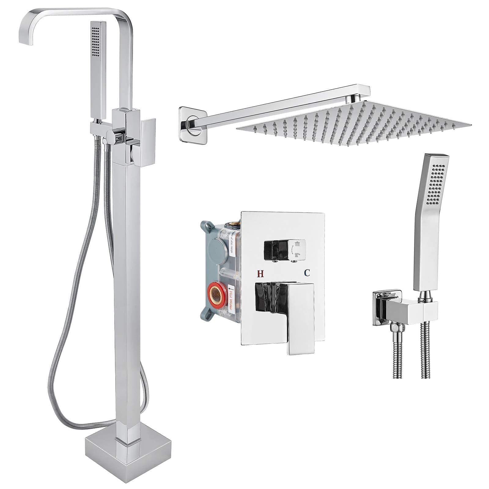 Premium Aolemi Freestanding Bathtub Faucet - Polished Chrome Floor Mount Tub Filler with Hand Sprayer & 12’’ Rain Shower Head - Brass Bath Shower Combo Set for Luxury Bathroom Upgrade - Perfect for Spa-Like Relaxation and Modern Home Decor