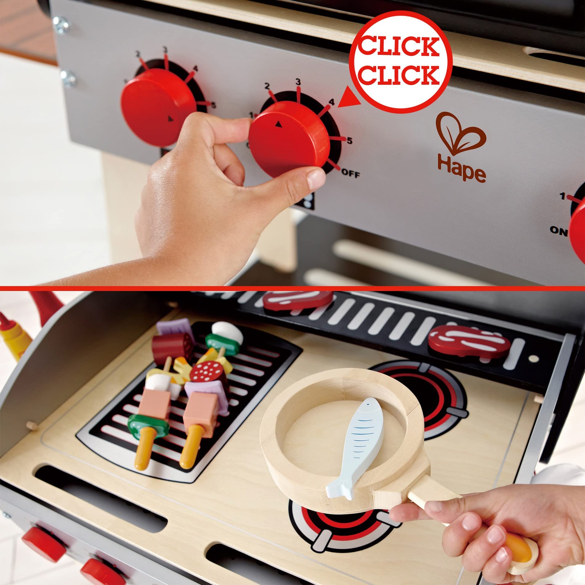 Hape Wooden Gourmet Grill and Shish Kabob Playset - Pretend Play BBQ Cooking Toy Set with Realistic Play Food for Kids | Outdoor & Indoor Role Play, Birthday Gift for Toddlers & Preschoolers