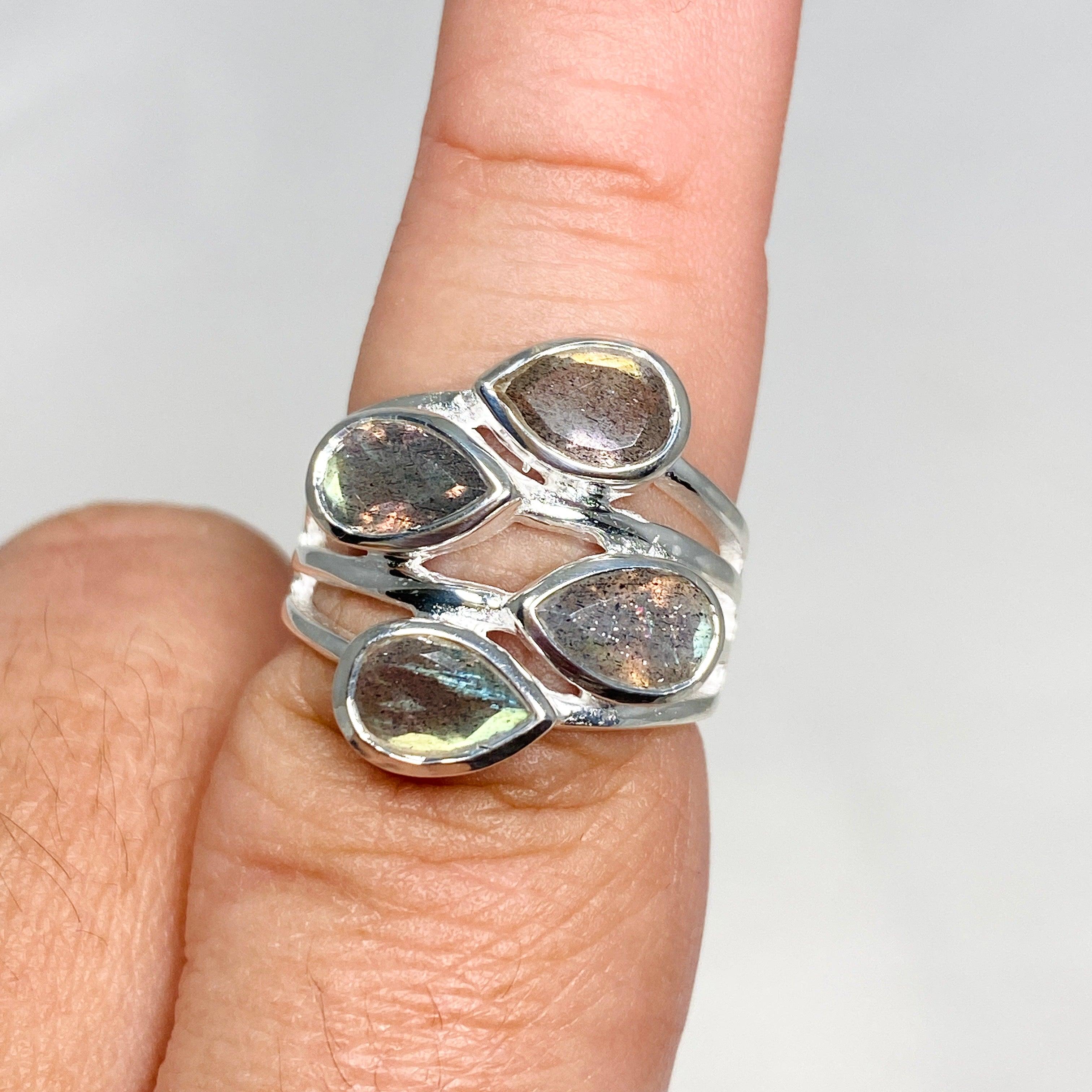 Labradorite Multi-Stone Faceted Teardrop Ring R3815 - Elegant Crystal Jewelry for Women, Perfect for Weddings, Parties & Special Occasions