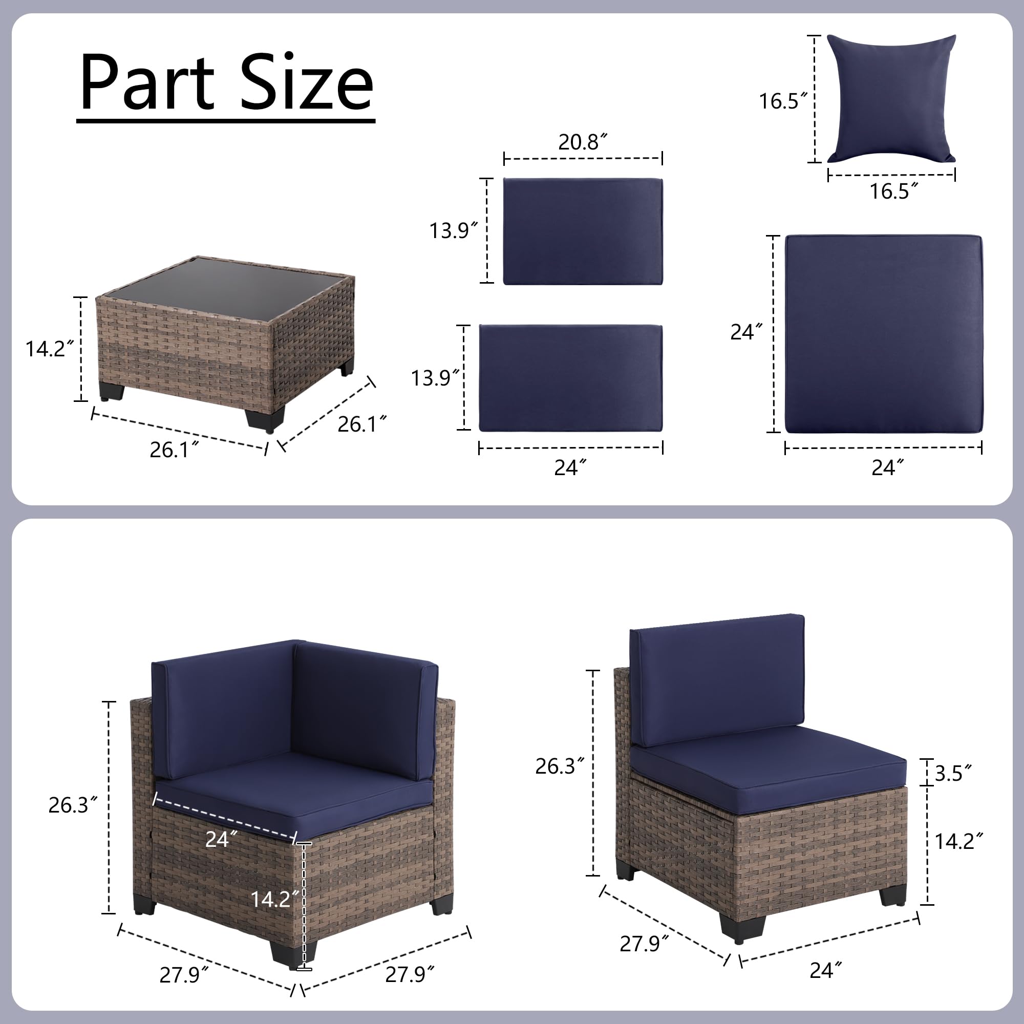 KIGOTY 7-Piece Modular Outdoor Sectional Sofa Set - All-Weather PE Rattan Wicker Patio Furniture with Cushions & Coffee Table (Brown/Navy) - Perfect for Backyard, Poolside & Garden Relaxation