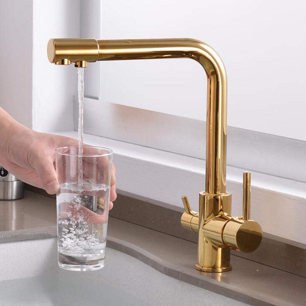 3-Way Brass Kitchen Faucet with Water Filter - Rotating Hot & Cold Drinking Water Tap for Sink (Golden) - Perfect for Modern Kitchens, Home Renovations & Direct Drinking Water Access